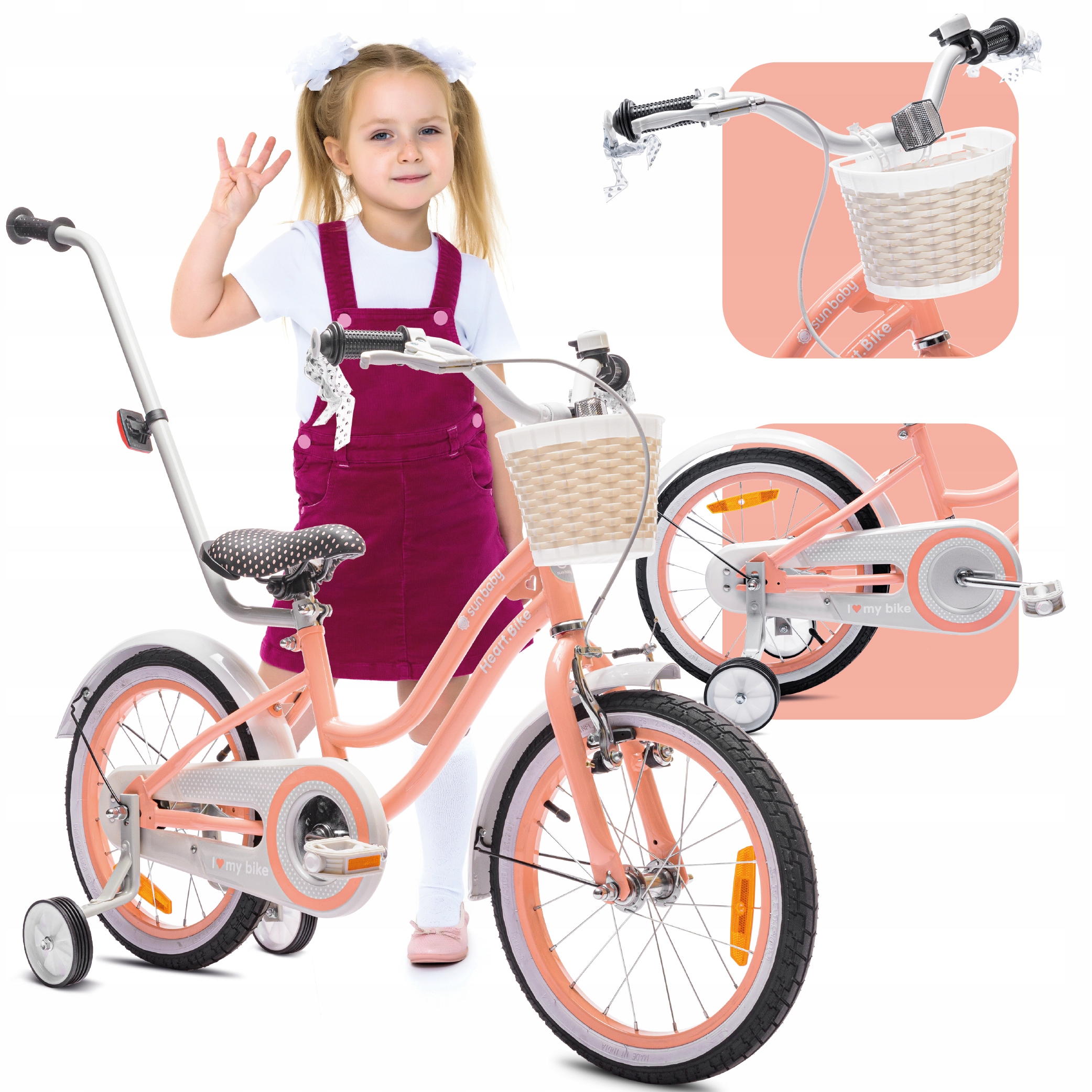 Rowerek 16 cali dla dziewczynki dziecięcy Pchacz Kółka boczne Koszyk Heart