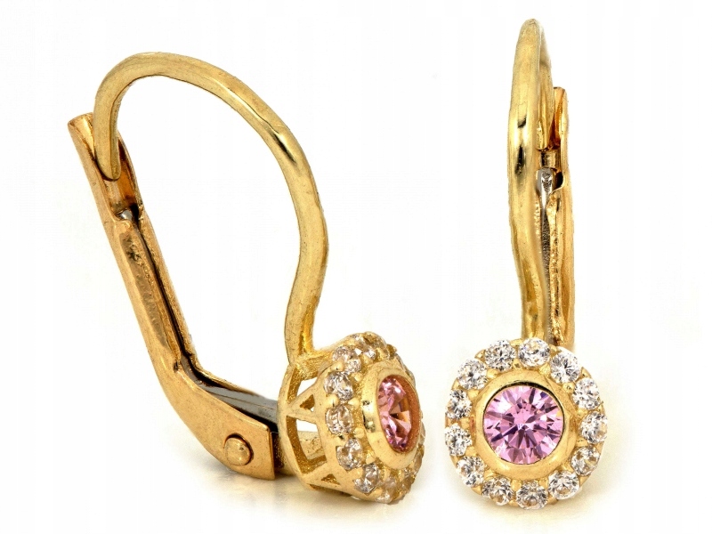 Zlaté Náušnice pro dívky s růžovým kubickým zirkonem ryzost 585