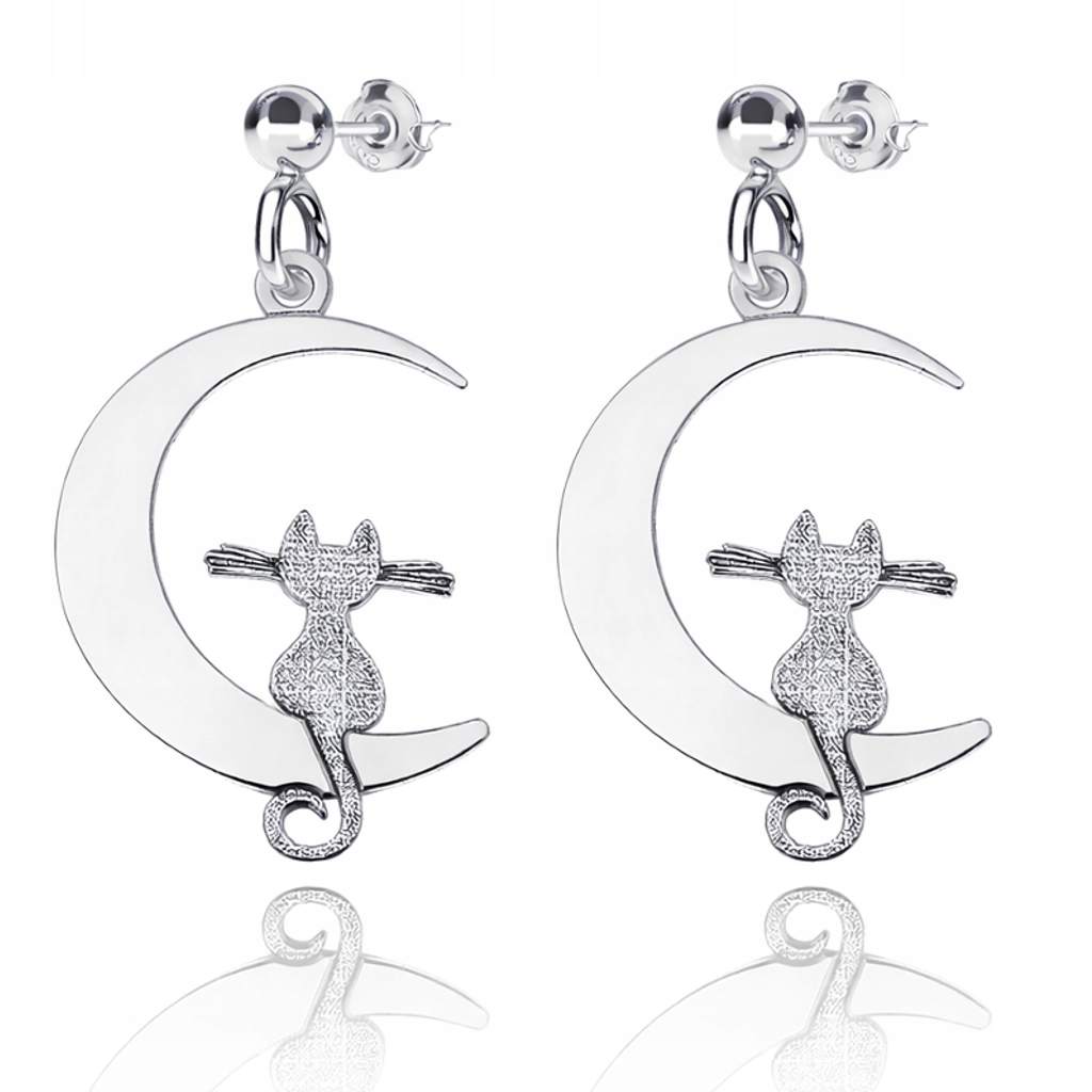 Stříbrné roztomilé náušnice Dýka Kočka na měsíci Stříbro ryzost 925