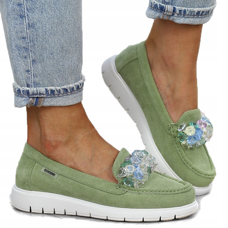 Zielone mokasyny kamienie półbuty FL758 r.36