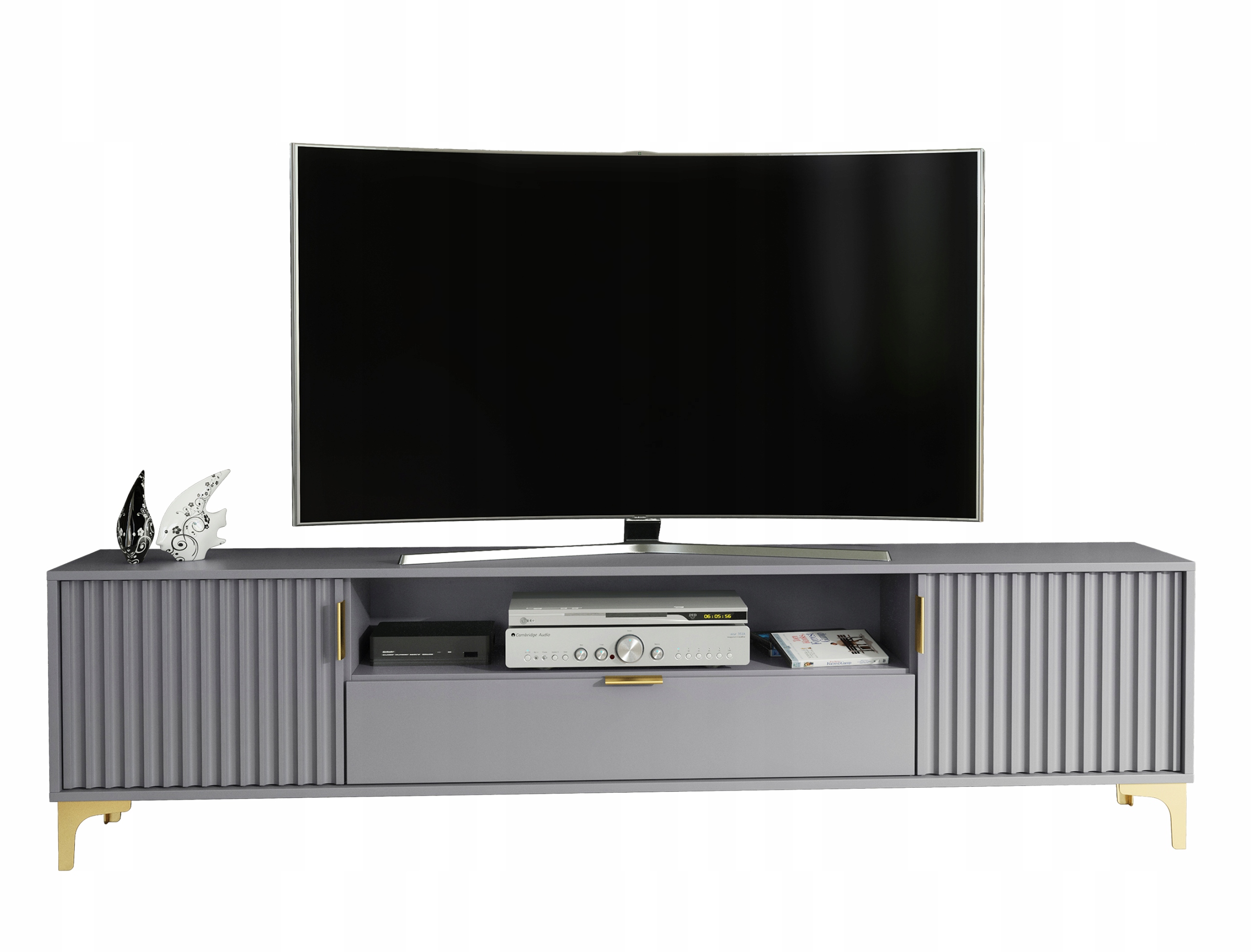 SZAFKA RTV TV 200CM DO SALONU RYFLOWANE FRONTY SZARY MAT ZŁOTE NOGI LFT002D