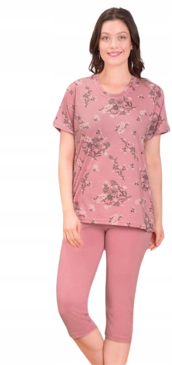 Elegantní Růžové Pyžamo Tričko S Květinami Růžové Rybářské Kalhoty 3/4 3XL