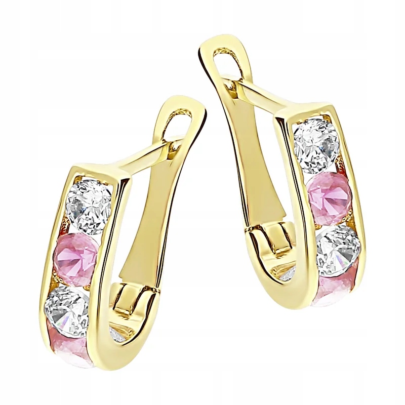 Dětské zlaté náušnice 585 čárky s růžovými zirkony na křtiny 0,8