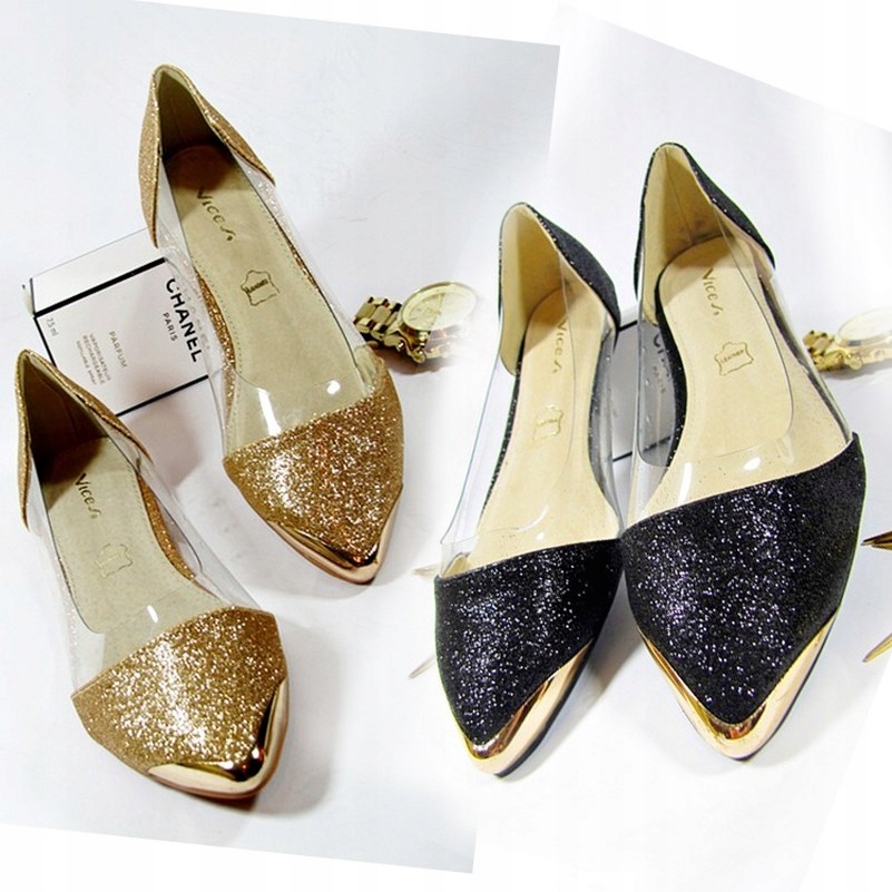 BALERINKI ELEGANCKIE POŁYSKUJĄCE SKÓRA ZŁOTE 37 Wzór dominujący bez wzoru