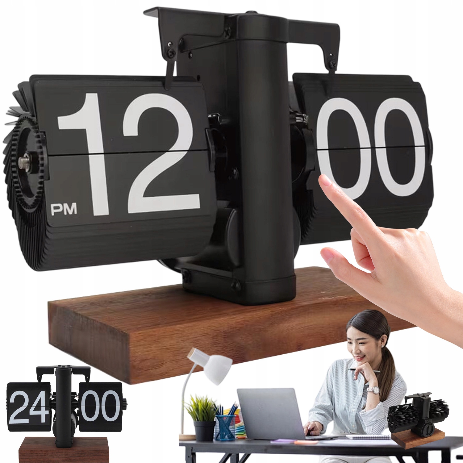Zegar Flip Clock Retro Czarny Drewno Metal Kwarcowy Dekoracyjny Do Wnętrz