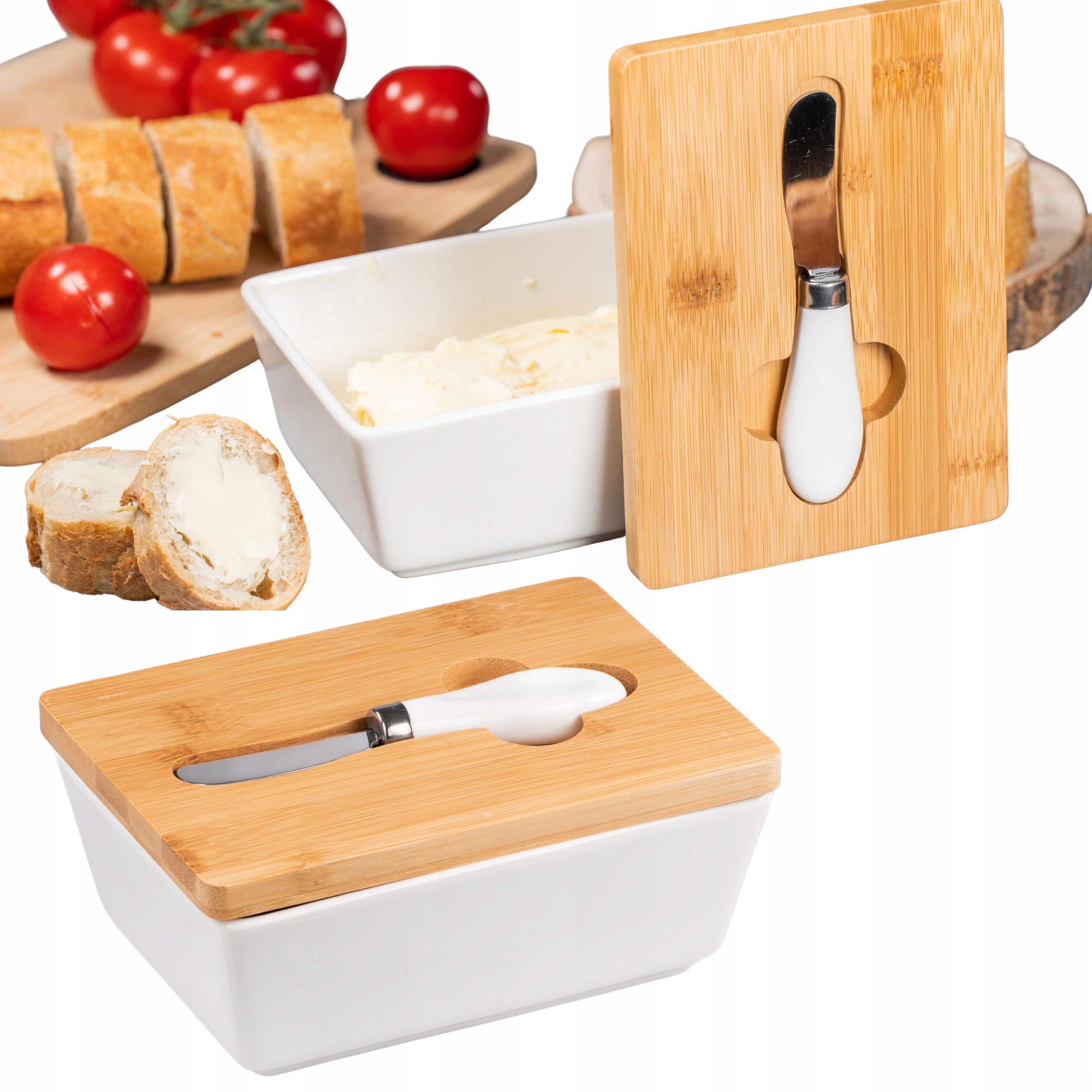MASELNICA PORCELANOWA BIAŁA + NOŻYK POJEMNIK NA MASŁO Z BAMBUSOWĄ POKRYWKĄ