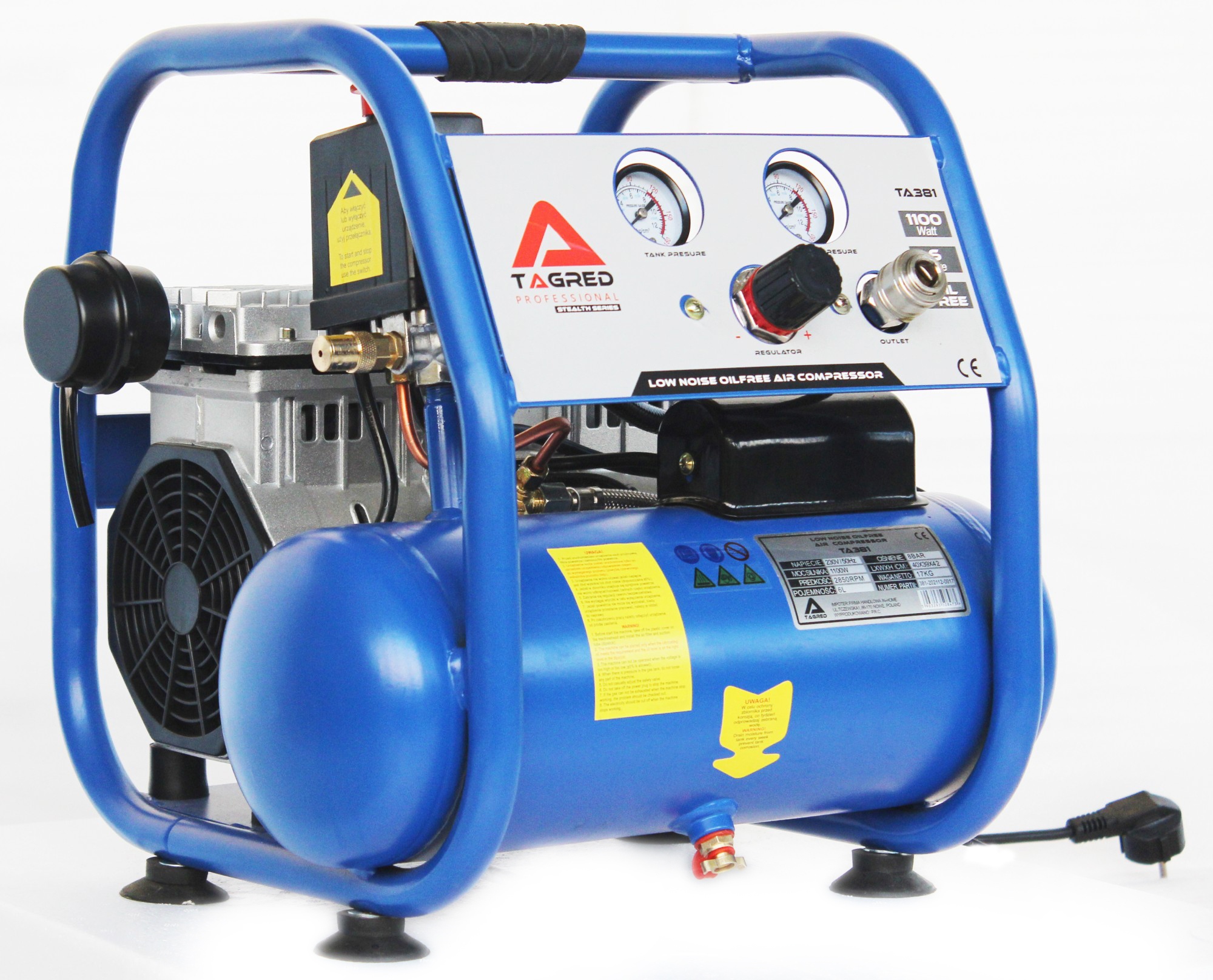 

Sprężarka Kompresor Bezolejowy 6L R2 1100W Cichy