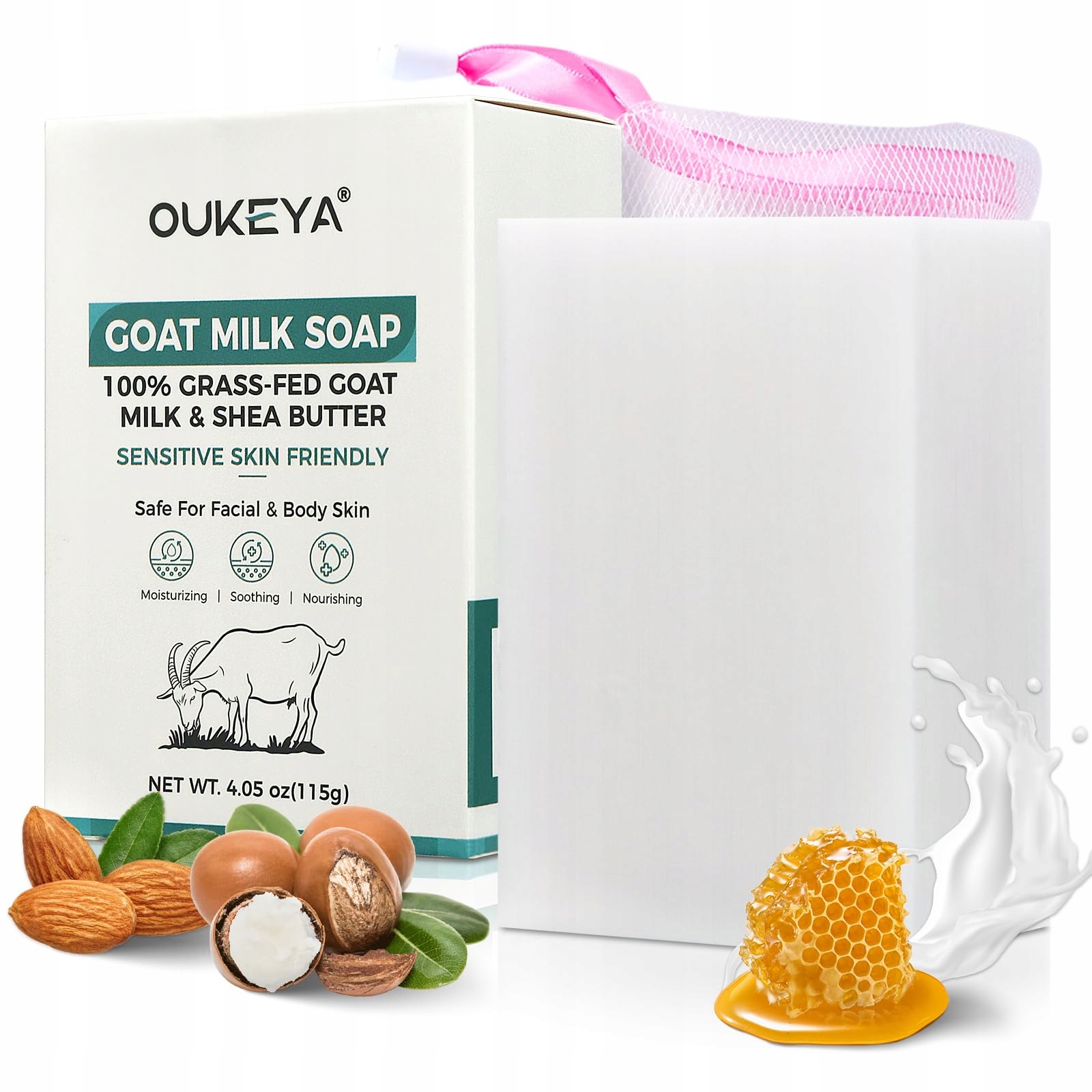 Oukeya Kozí mléčné mýdlo 115 g na obličej a tělo s medem a vitamínem E