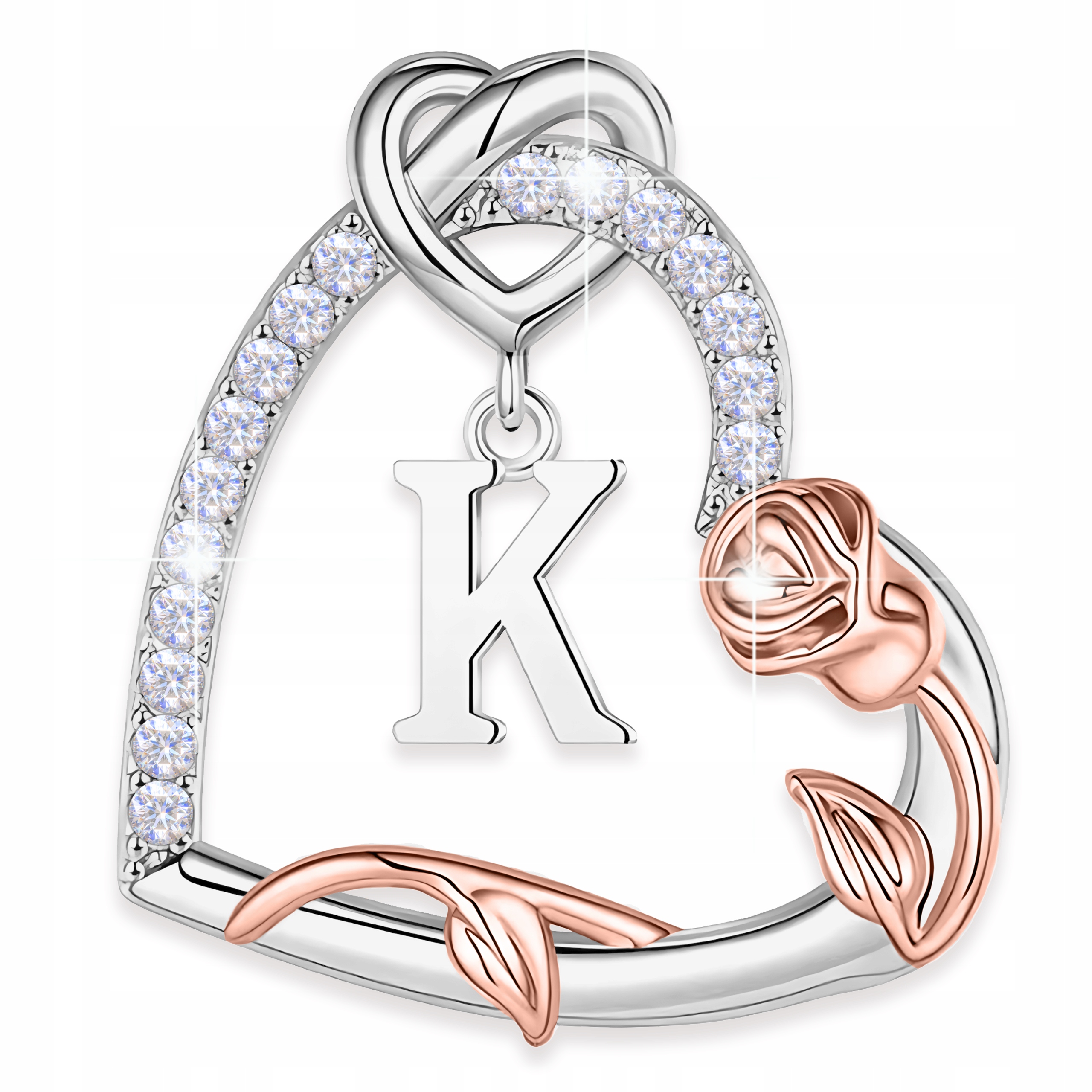 Stříbrný přívěsek na řetízek Srdce Zlatá Růže Písmeno K Stříbro 925