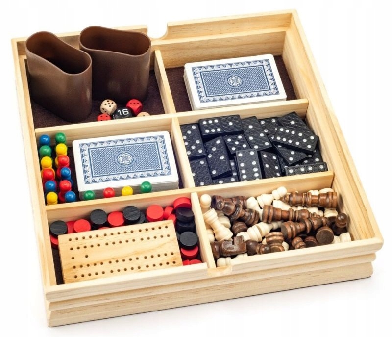 ZESTAW 9 GIER Domino Szachy Warcaby Chińczyk Kości Marka Woody