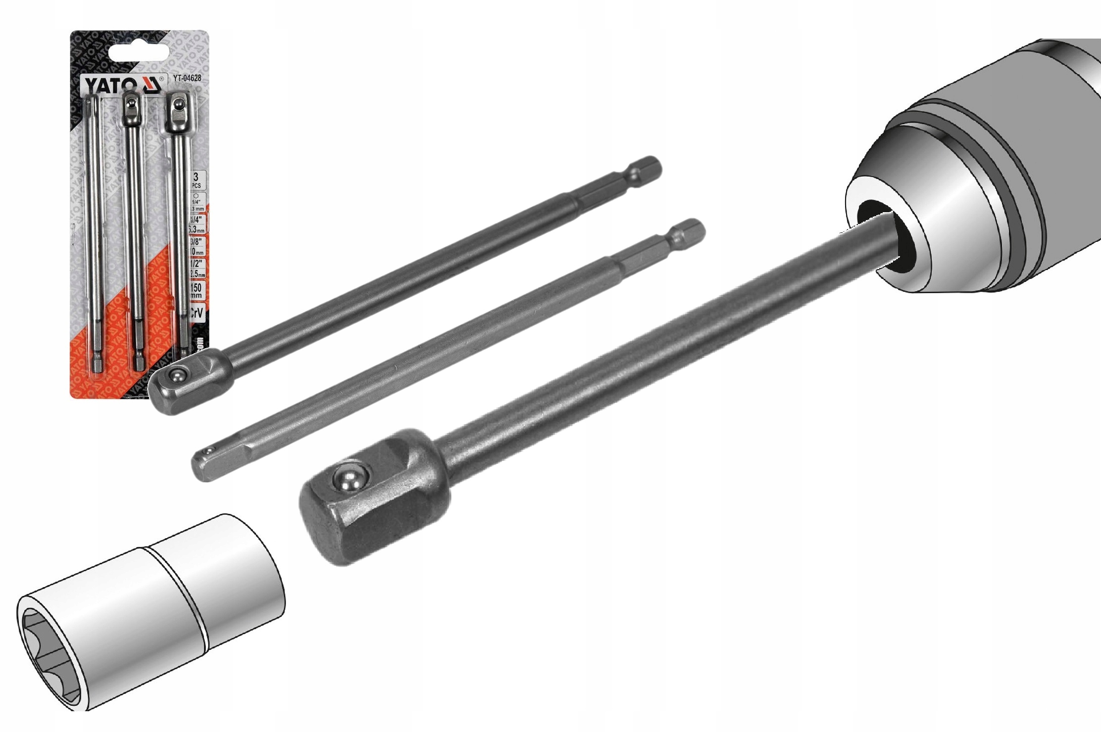 ШЕСТИГРАННЫЕ АДАПТЕРЫ ДЛЯ 1/4 3/8 1/2 YATO YT-04628