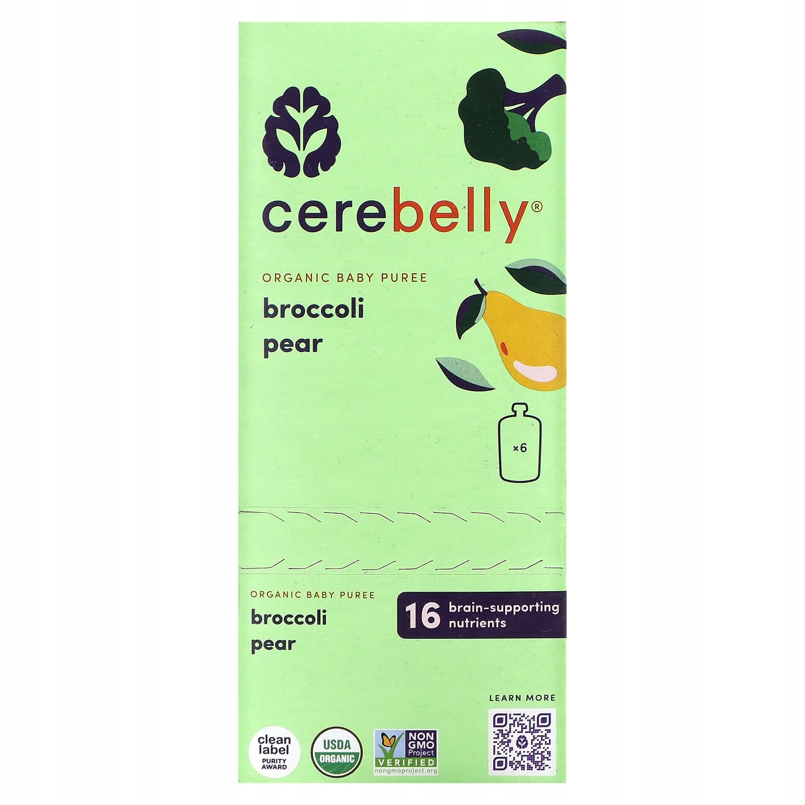 Cerebelly, organické pyré pro miminka s brokolicovou hruškou, 6 sáčků