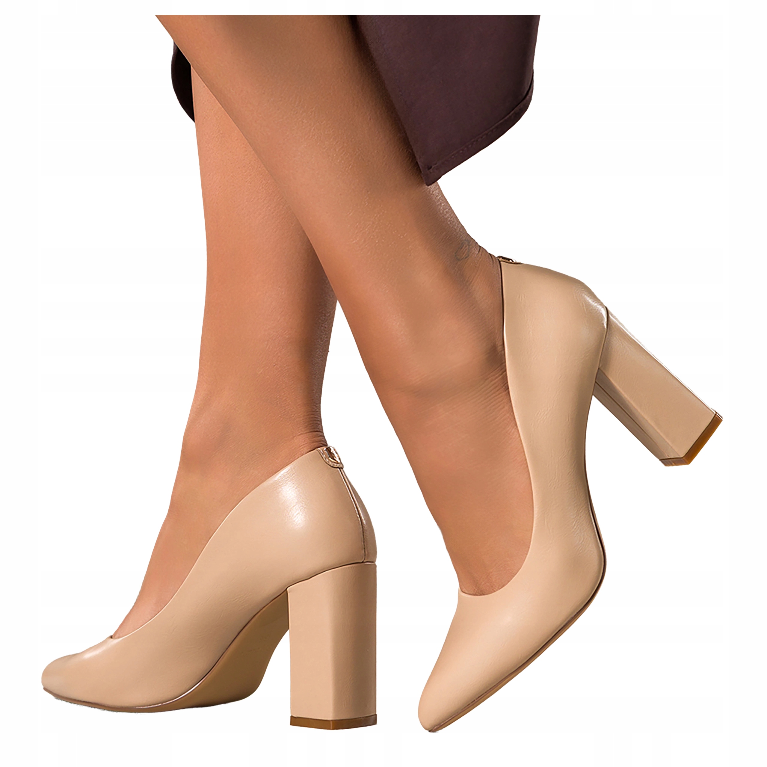 Beżowe Czółenka Damskie Modne Klasyczne Skórzana Wkładka Obcas Słupek r 39
