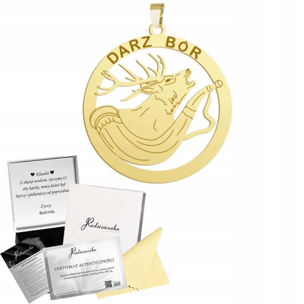 Zlatý Přívěsek S Jelenem Darz Bór Stříbro 925 Dárek Gravírování Bonus