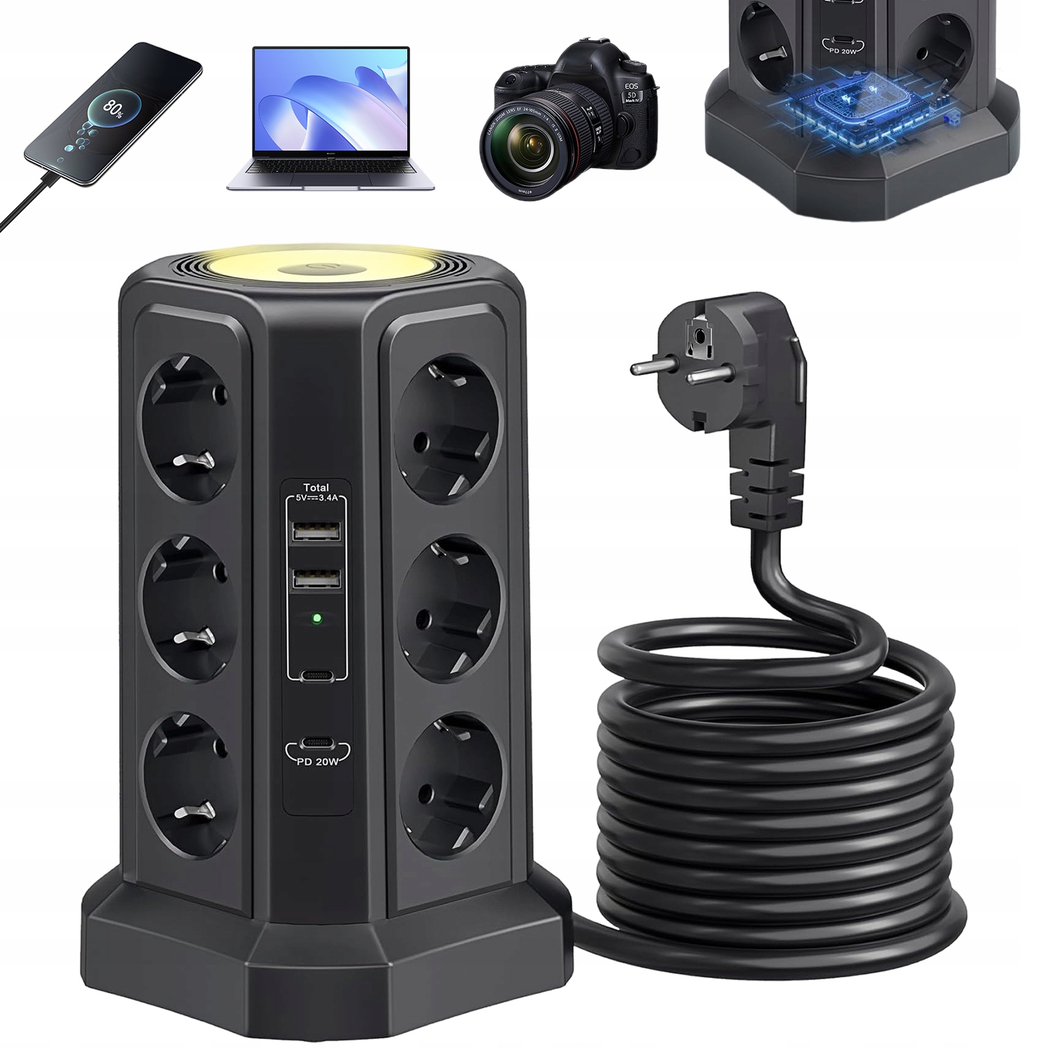 Zásuvková Lišta Černá 12 Zásuvek 2M Usb C Pd