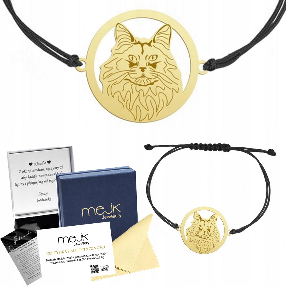 Zlatý náramek s kočkou Norsk Skogkatt 925 Šňůra Dárek Šperky Gravírování