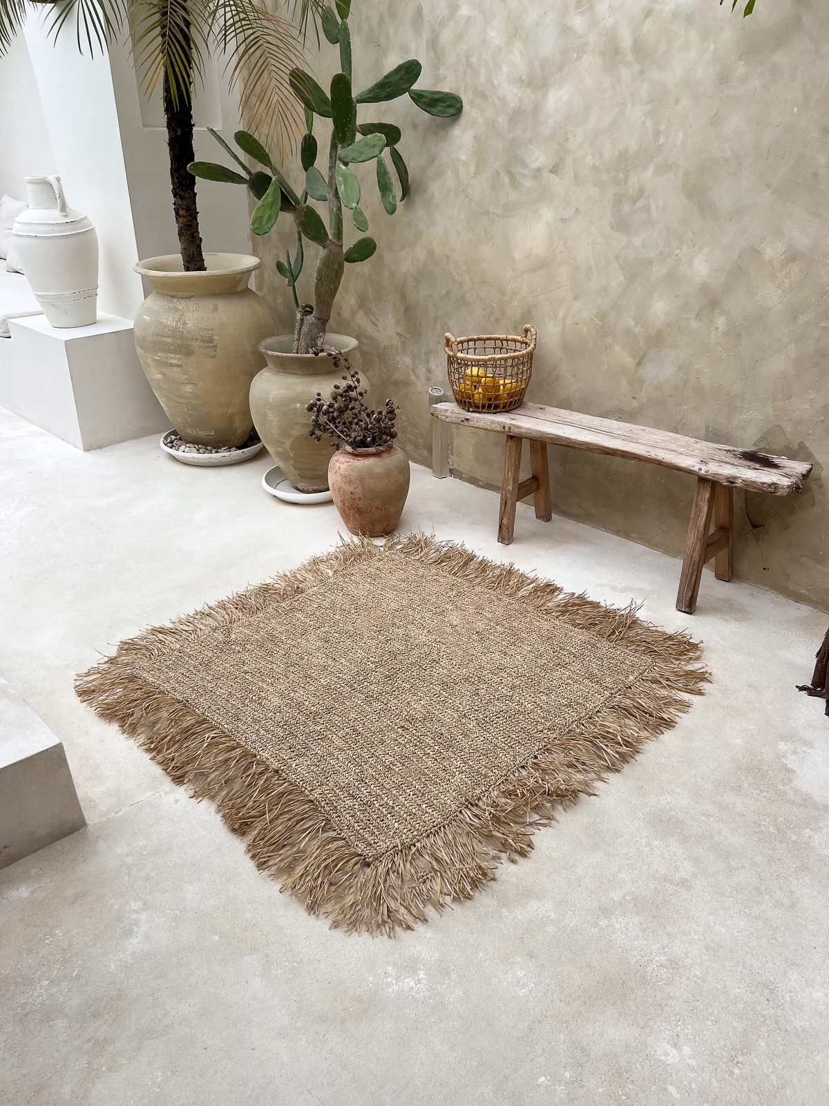 Koberec z Rafii Slamený z morskej trávy Štvorcový prírodný Boho