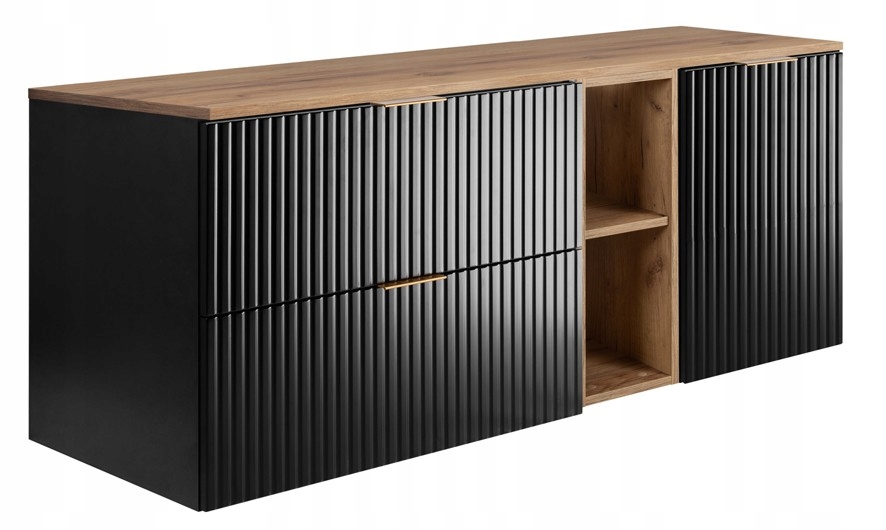 Černá koupelnová sada pod umyvadlo Závěsná 120 Rýhovaná čela Mdf Deska