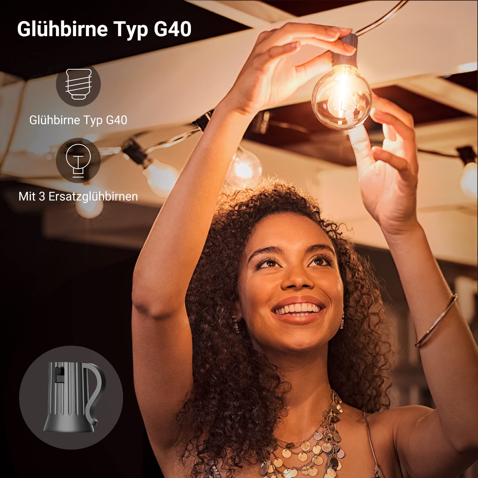 EHAHO Girlanda Zestaw Lampek Zewnętrznych 17M IP65 Wodoodporna 15+3 LED G40 — miniatura 3