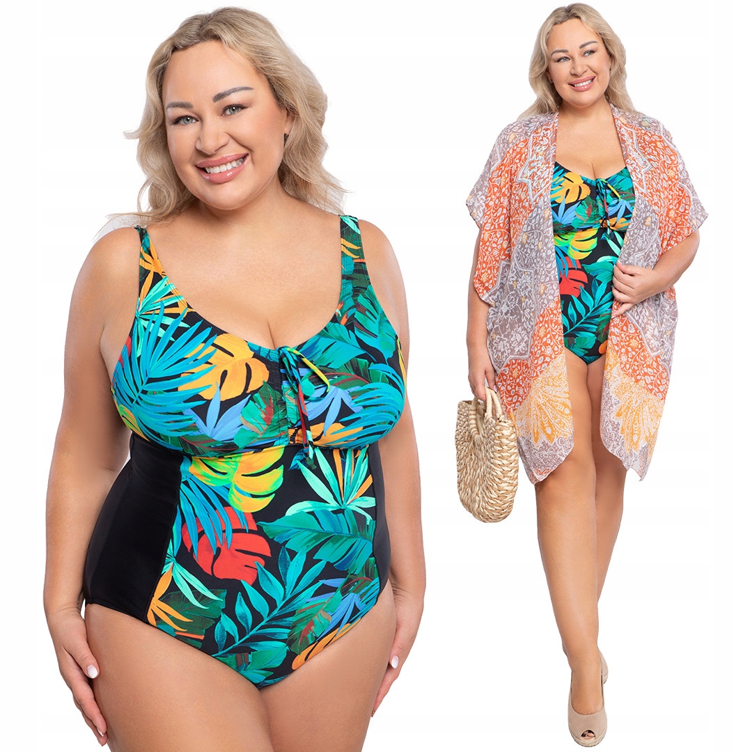 Jednodílné černé plavky s barevnými listy 52