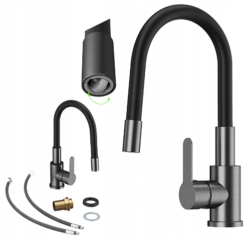 Kuchynská batéria gun grey s flexibilným výtokom Grado Plus, otočný perlátor