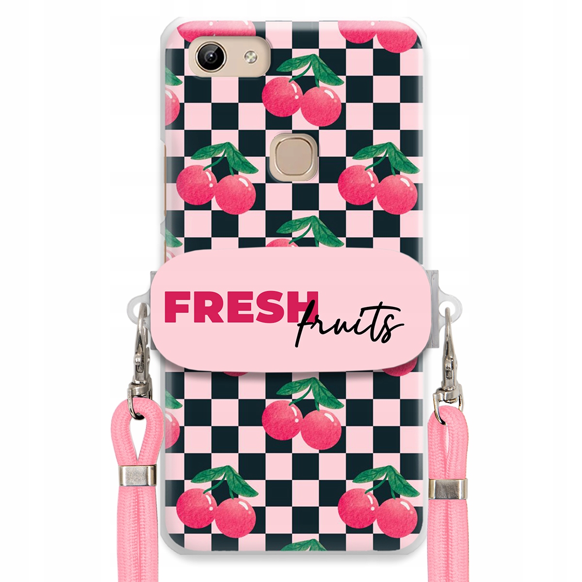 pouzdro na Vivo Y81 Růžové vodítko Funkční rukojeť Fresh Fruits Šachovnice