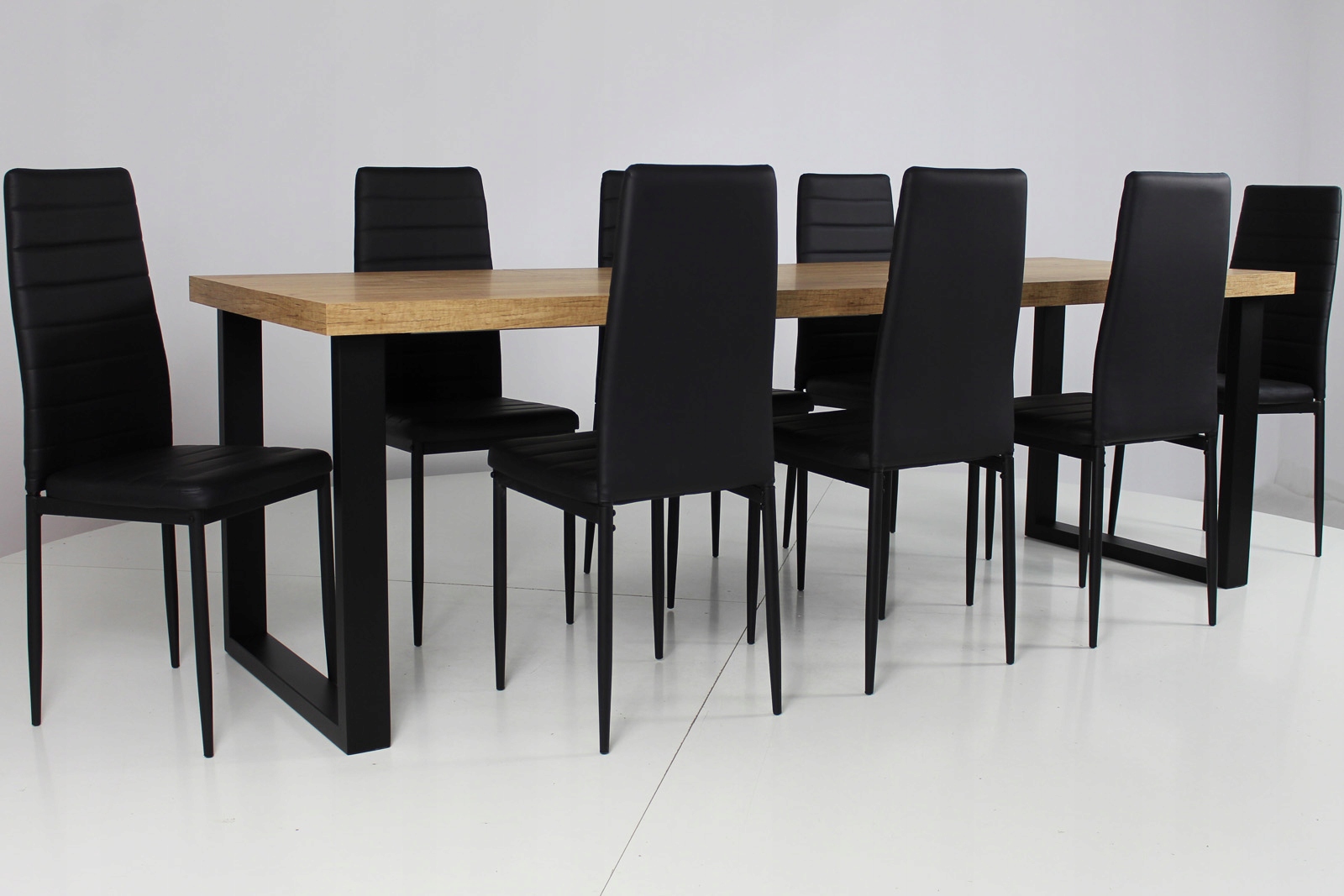 Stół do jadalni ROZKŁADANY i 8 CZARNYCH KRZESEŁ Materiał metal