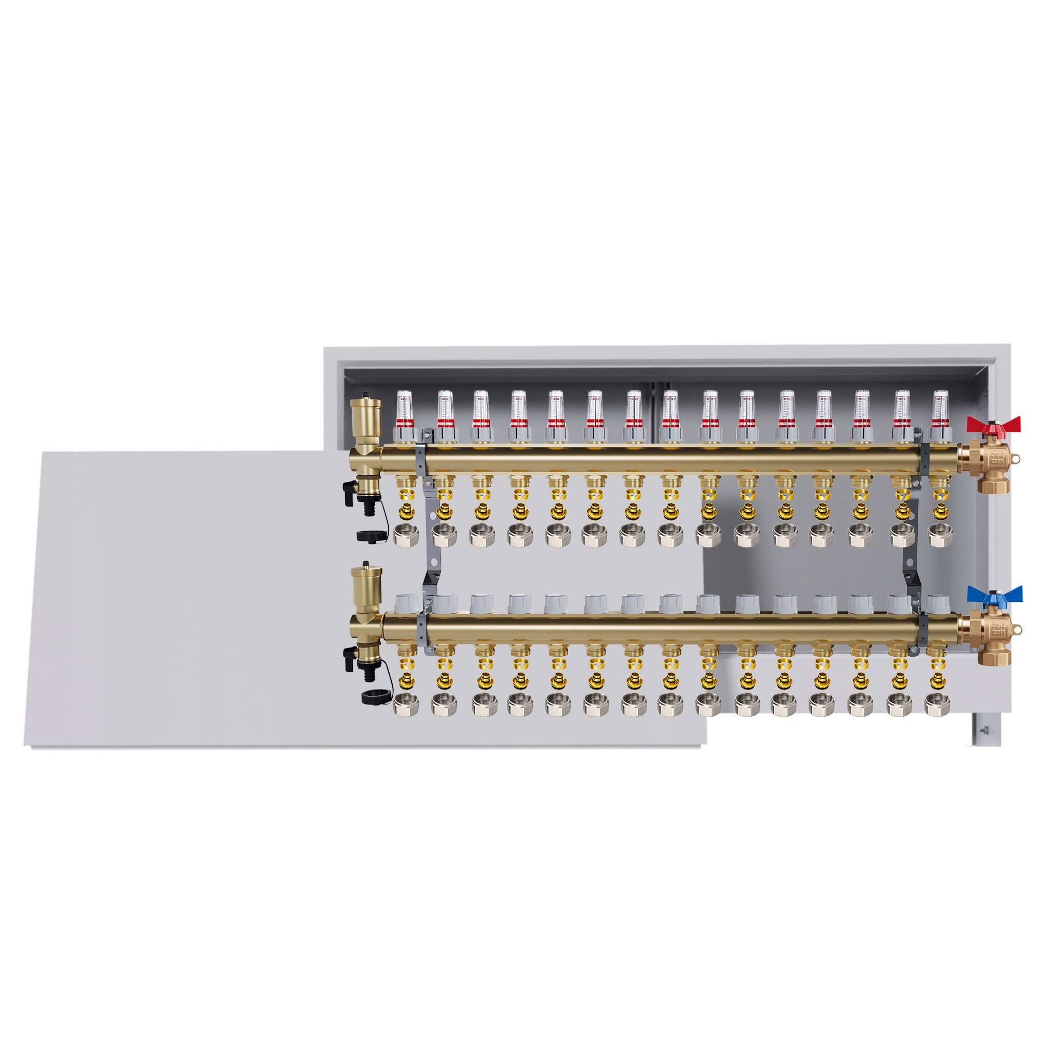 Rozdělovač podlahový mosazný 15 obvodů Podomítková skříň ventily Pex