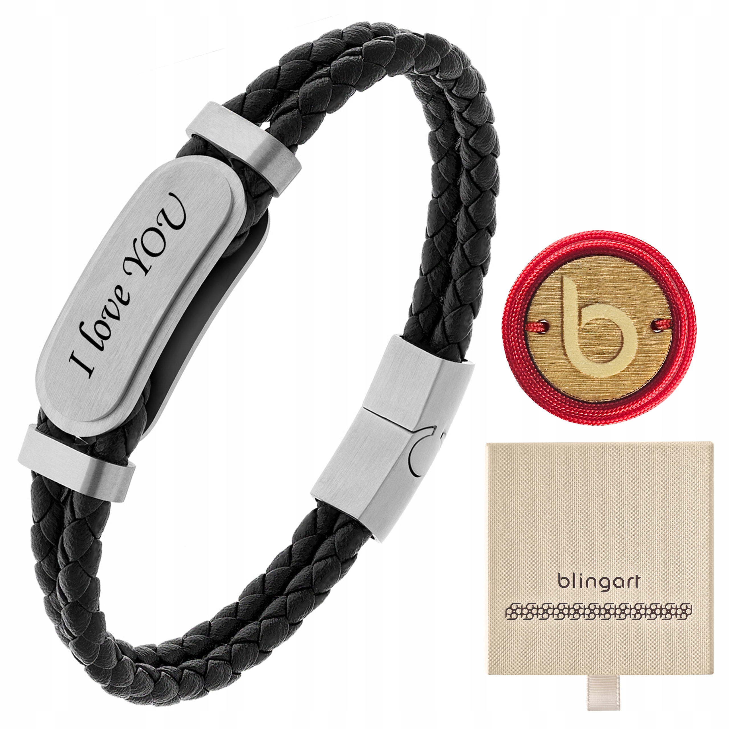 Pánský náramek kožený pletený černý s gravírováním ocel 316L Blingart