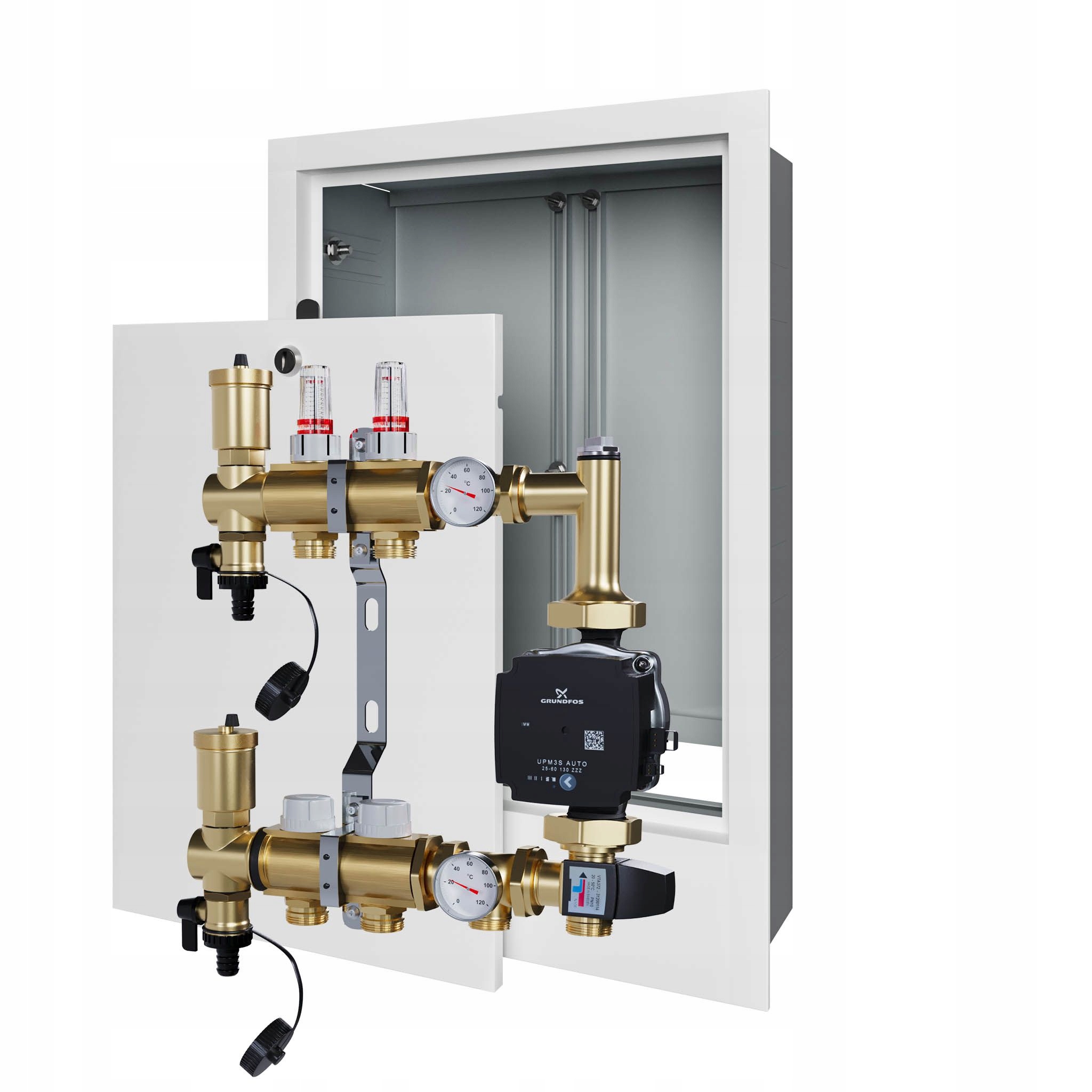 Rozdělovač pro podlahovku 2 s čerpací skupinou Grundfos a podomítkovou schránkou