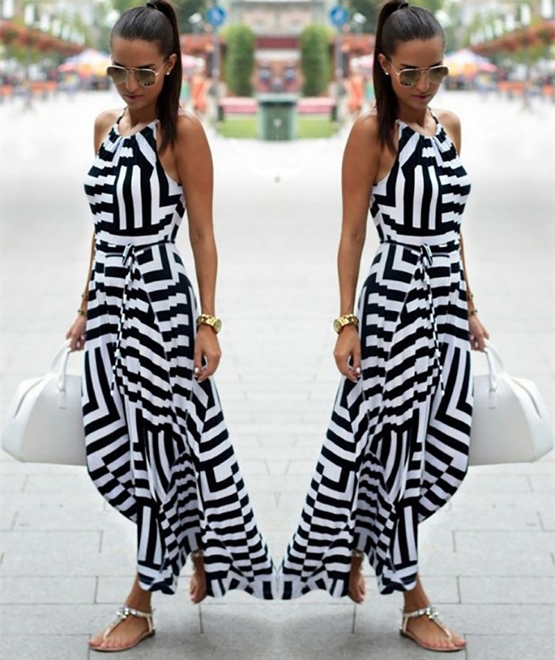 TUNIKA PLAŻOWA DŁUGA SUKIENKA DAMSKA W PASKI MAXI GRECKA Wzór dominujący bez wzoru