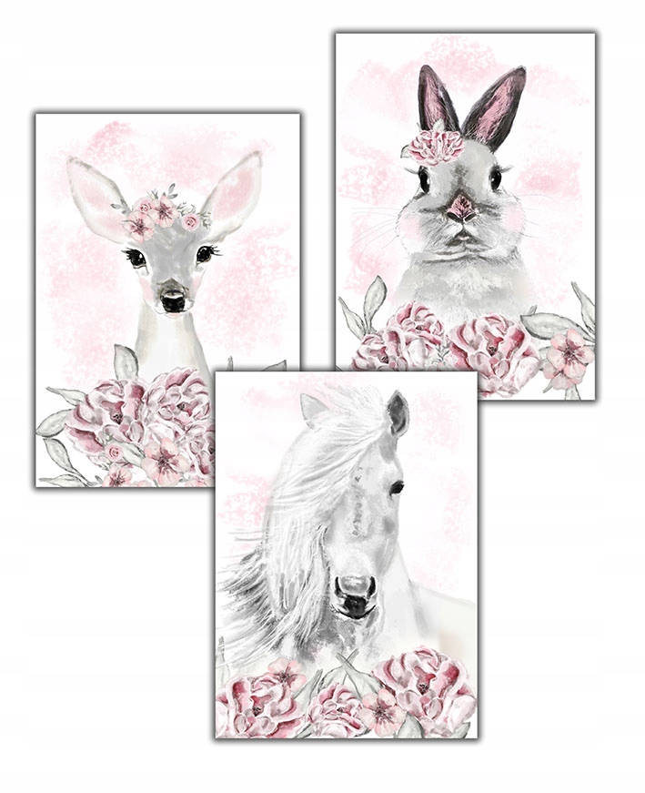 

3 szt Plakat królik sarna Koń kwiaty piwonie a4