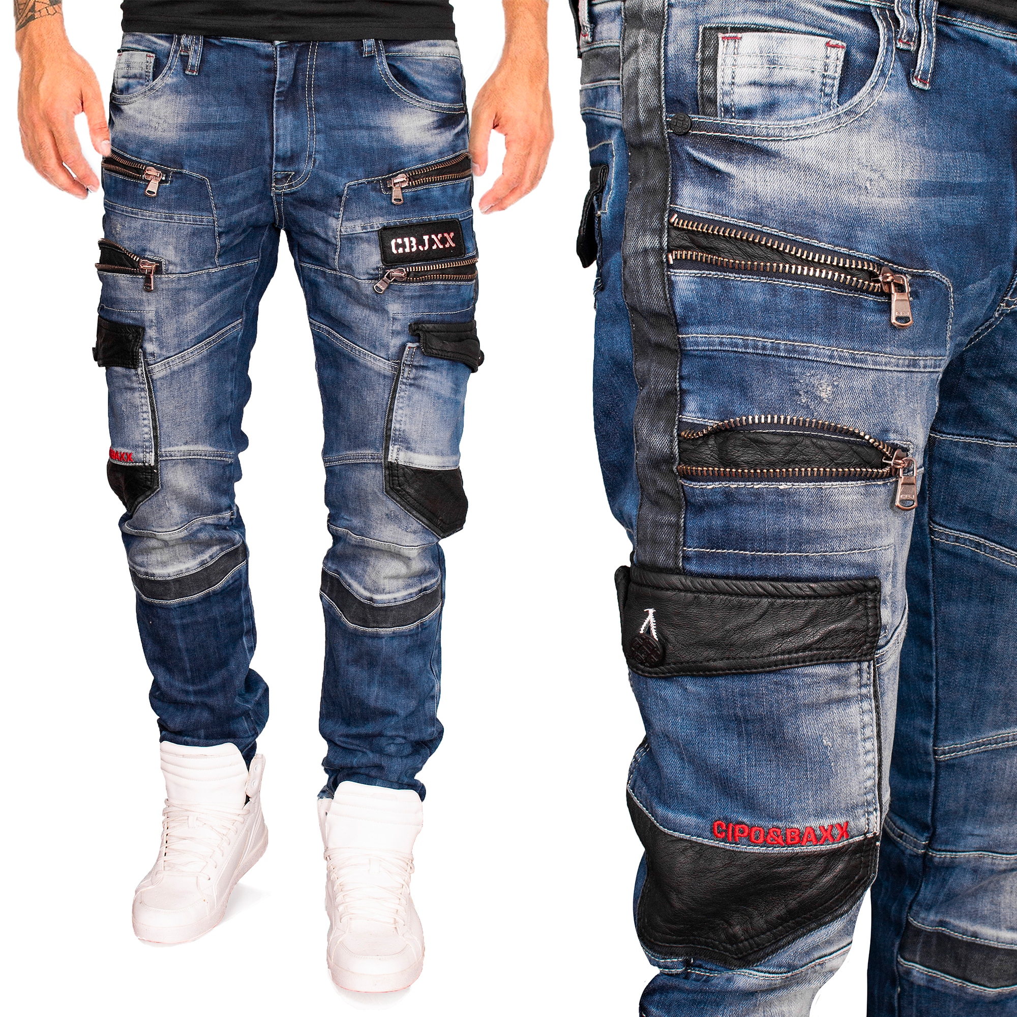 

Spodnie Cipo Baxx Jeansy Bojówki Zamki Skóra