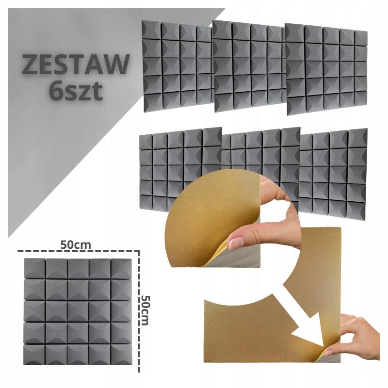 Panele Akustyczne Samoprzylepne Wygłuszające 50x50x5 Zestaw 6SZT