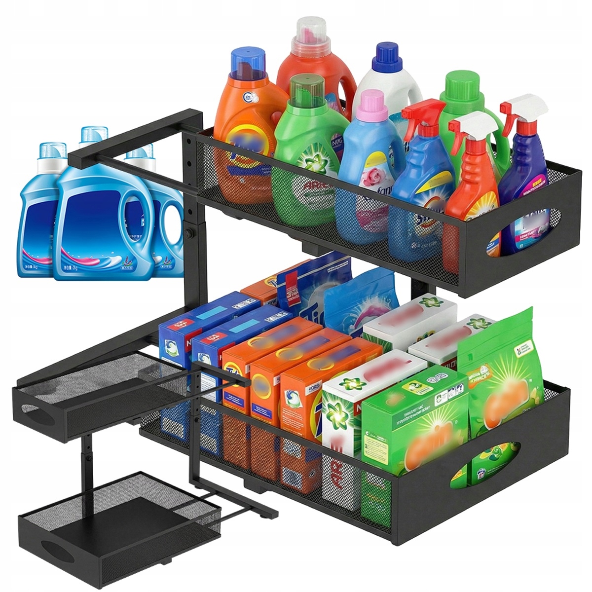 Kovový stojan s výsuvnými zásuvkami, stabilní díky přísavkám, černý