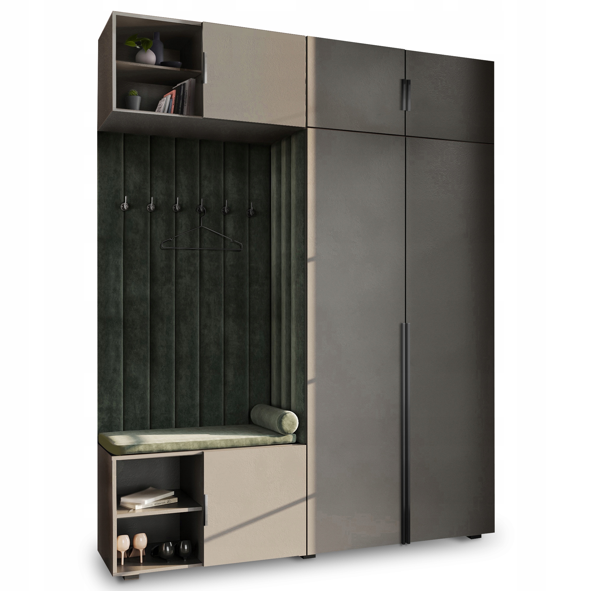 Šatní Skříň Do Předsíně Se Sedákem A Nadstavbou, Panely, Šedá, Hexa, Černá, 39