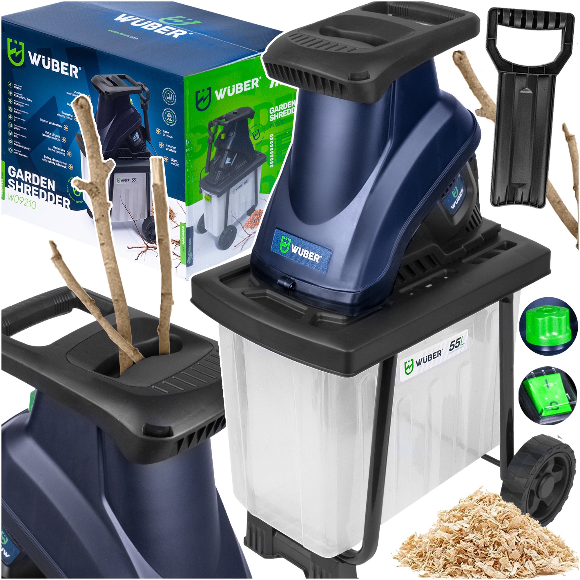 Rozdrabniacz Do Gałęzi Nożowy Rębak Elektryczny Duża Moc 3000W Zbiornik 55L