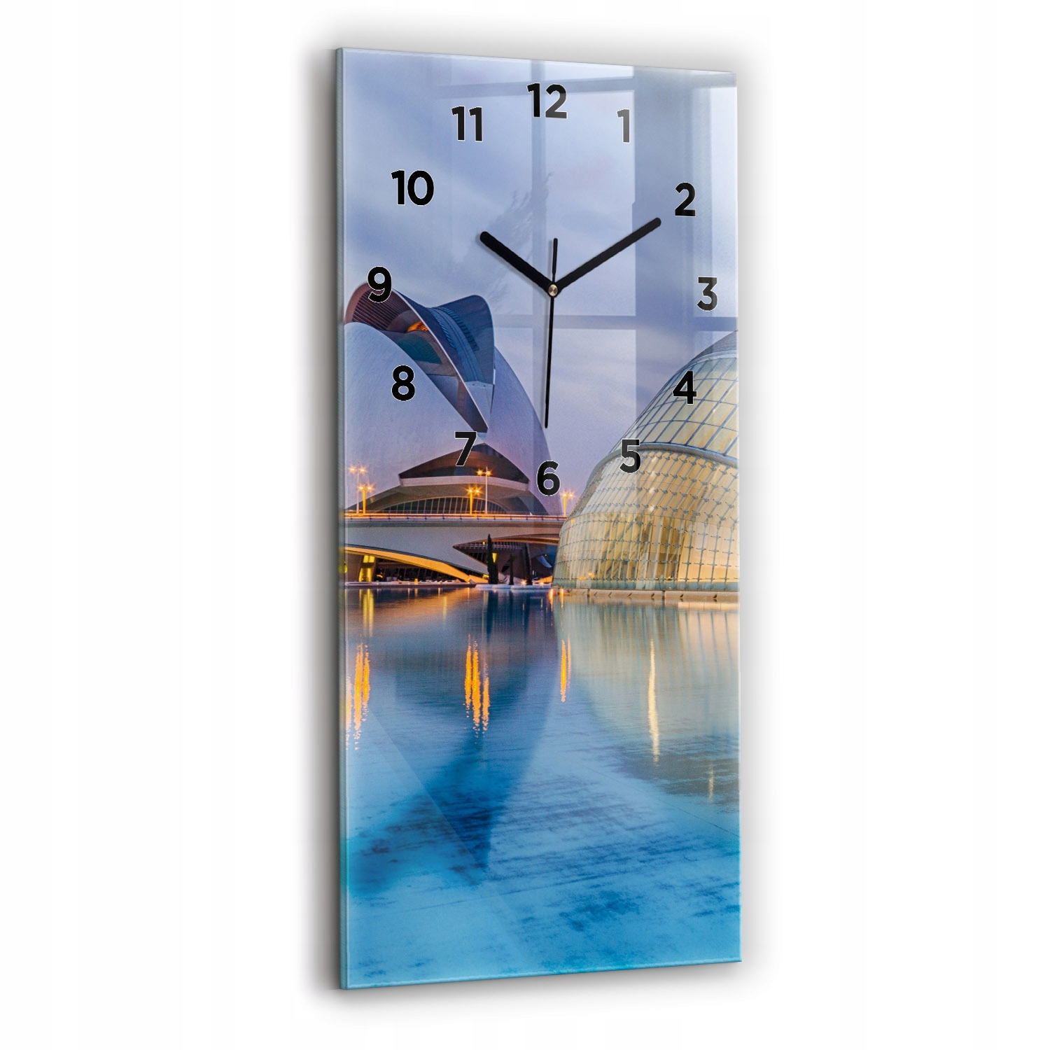 Velký nástěnný skleněný hodinový stroj Tiché ručičky Město západ slunce 30x60
