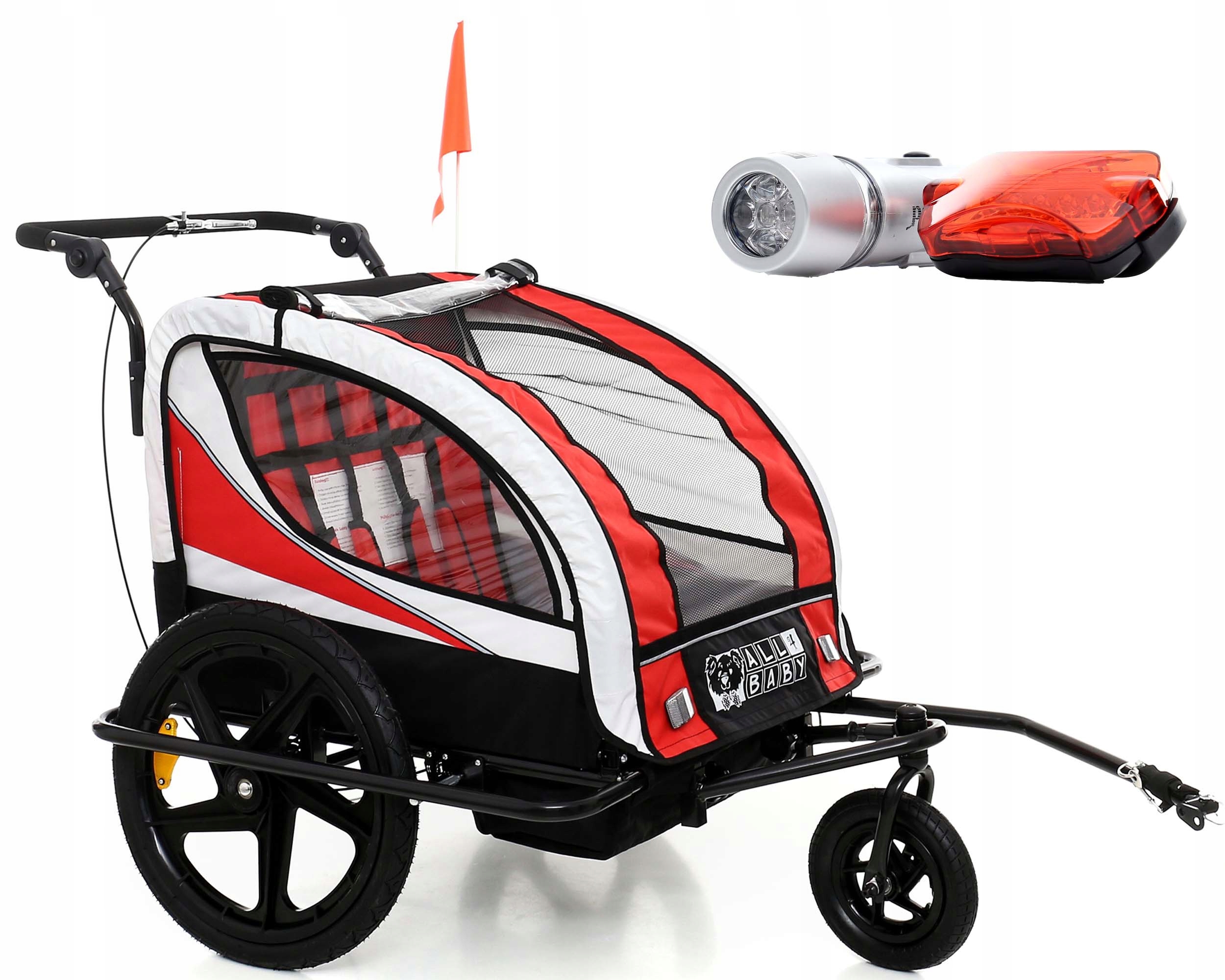 Przyczepka Rowerowa Amortyzowana Składana AL04 Malowanie Led Czerwona