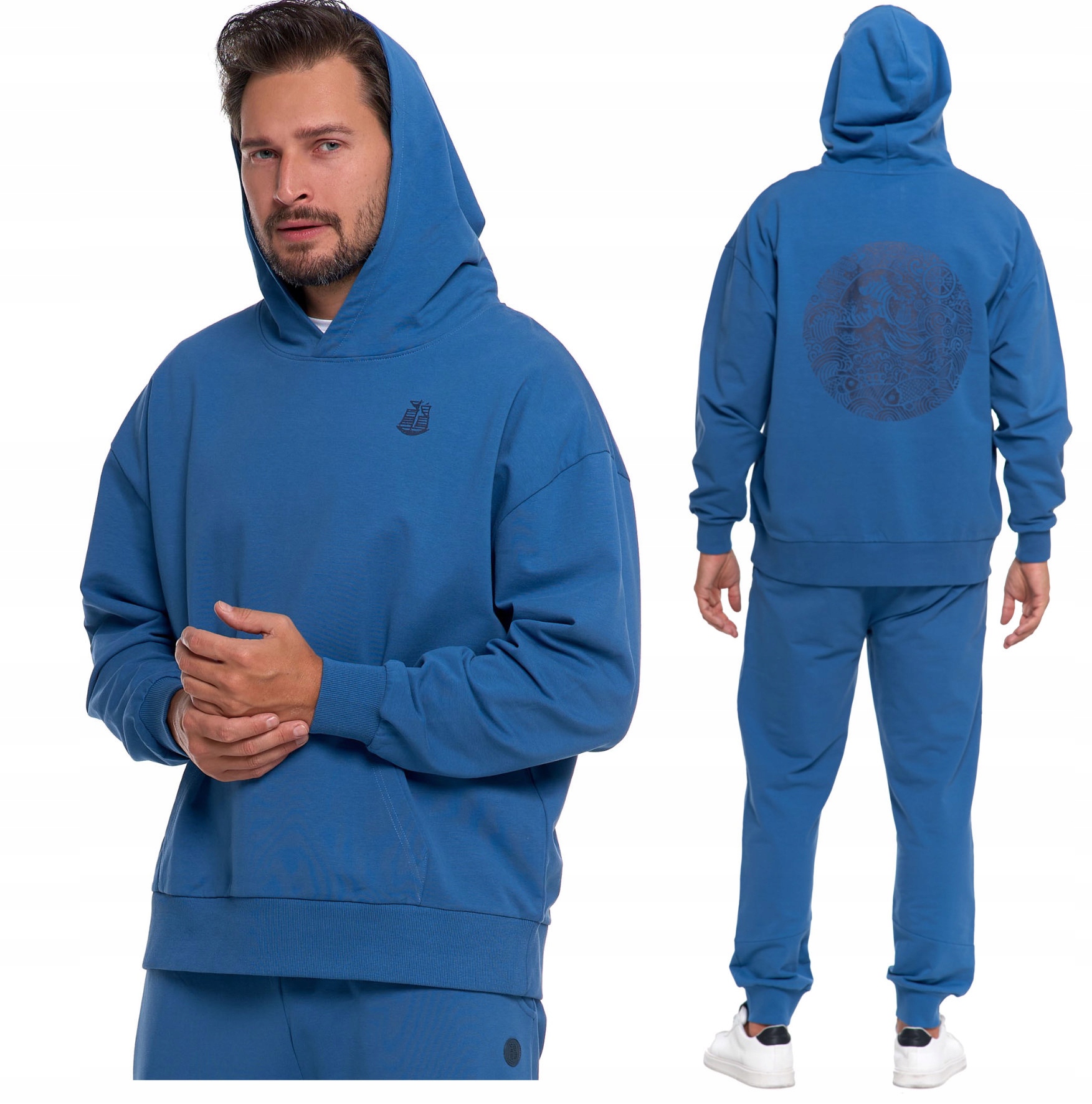 Bluza Męska Z Kapturem Luźna Moraj Bawełniana Z Nadrukiem Niebieska L