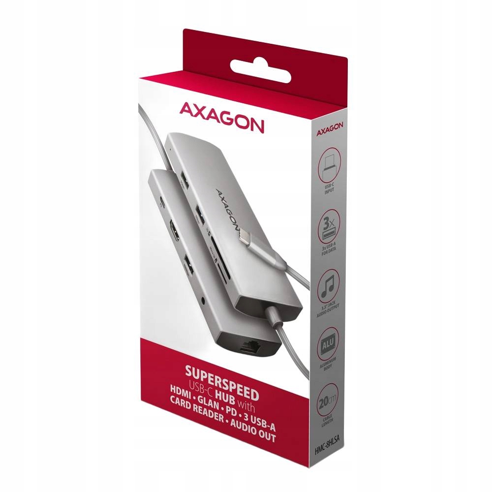 Hub Usb-c 9w1 Axagon HMC-8HLSA z Hdmi, Gigabit Lan, audio i Pd 100W