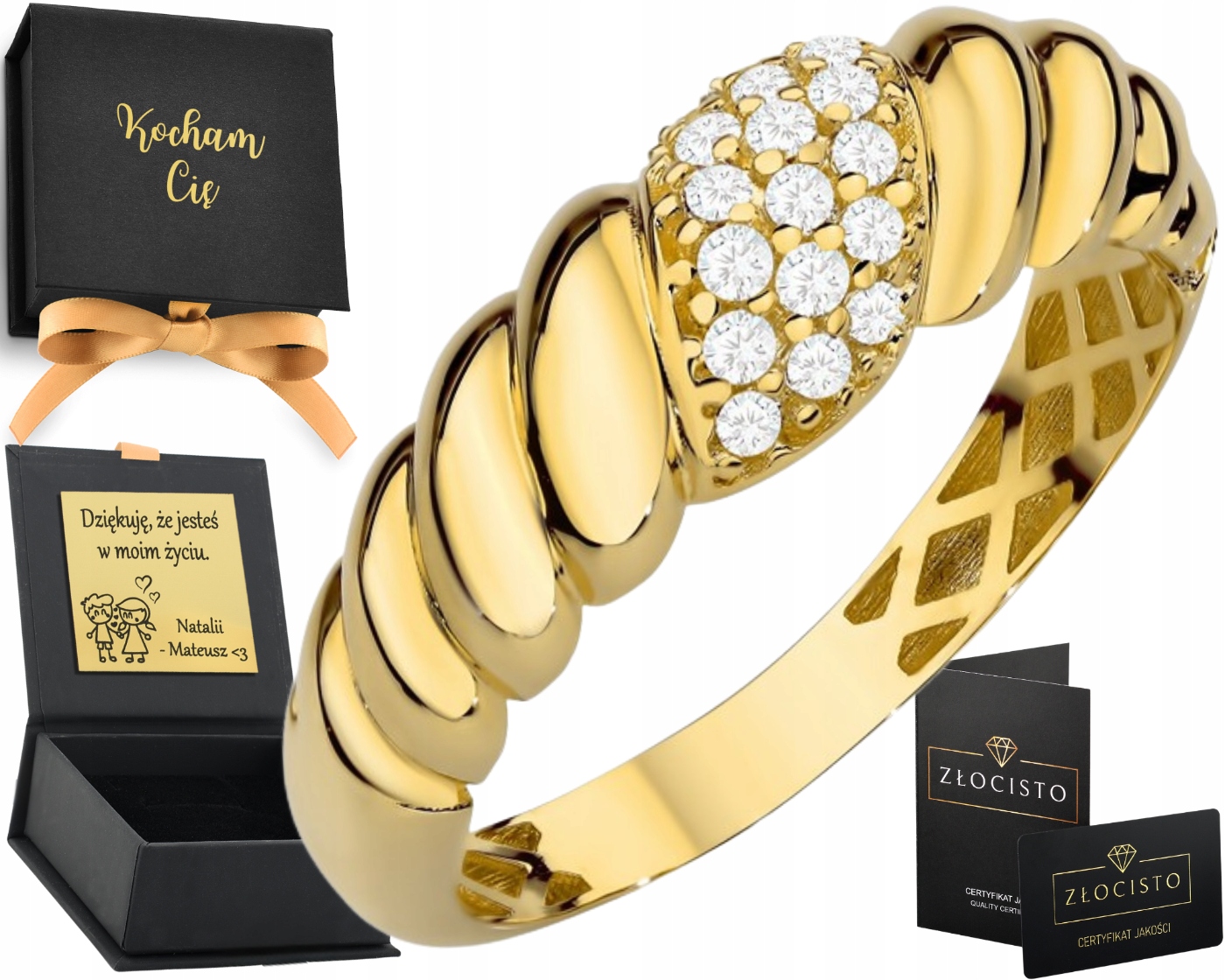 Zlatý prsten s proplétaným zavinovačkou a zirkony uprostřed a S Gravírováním