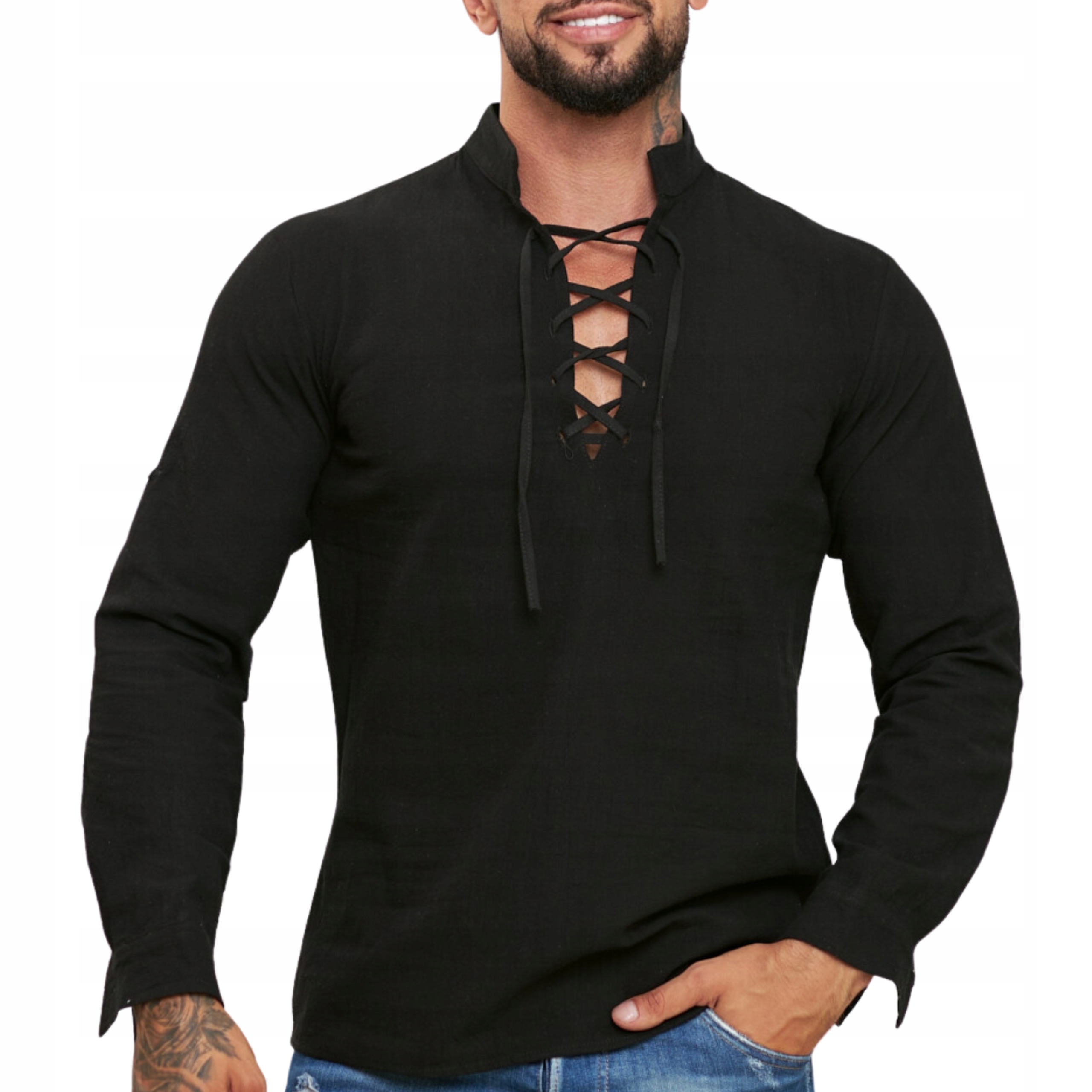 Koszula męska ze stójką i długim rękawem lniana wiązana na lato przewiewna