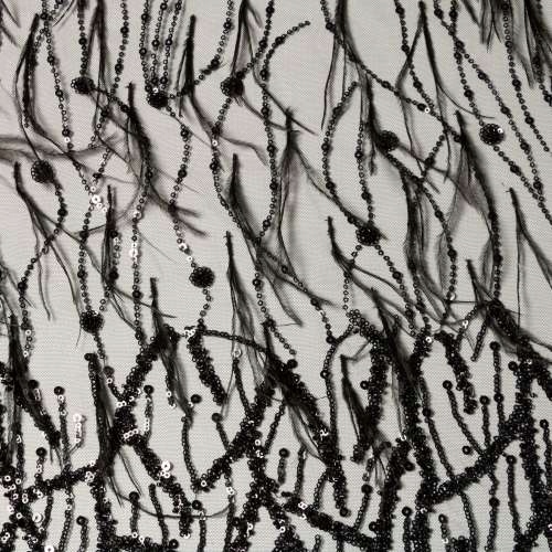 italský černý měkký tyl vzorem z flitrů, korálků a pštrosích peříček