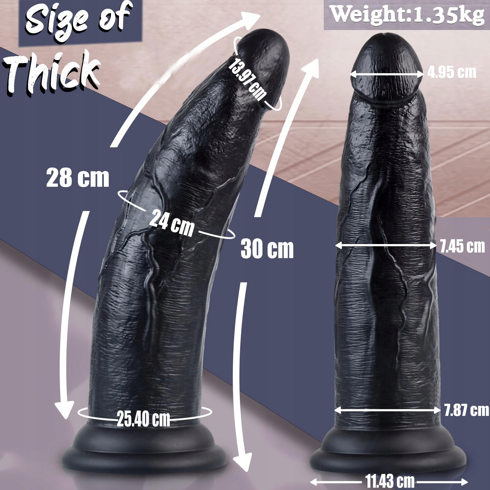 GIANT DILDO Silikonowy Czarny Dildo 30cm Dual Density z Przyssawką — miniatura 3