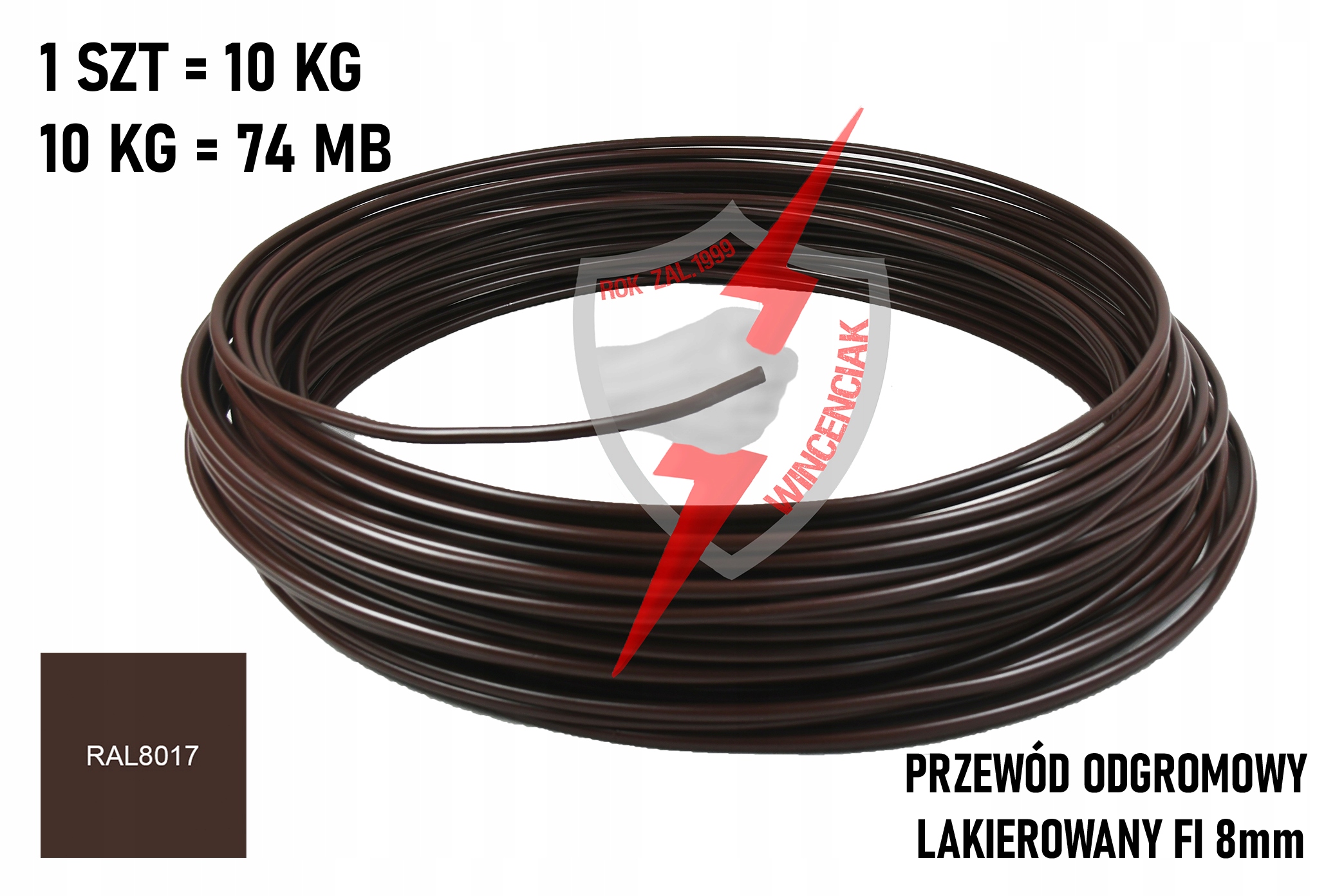 Przewód odgromowy fi8mm (AlMgSI) Lakierowany RAL8017 (Brązowy) 74m (krązek)