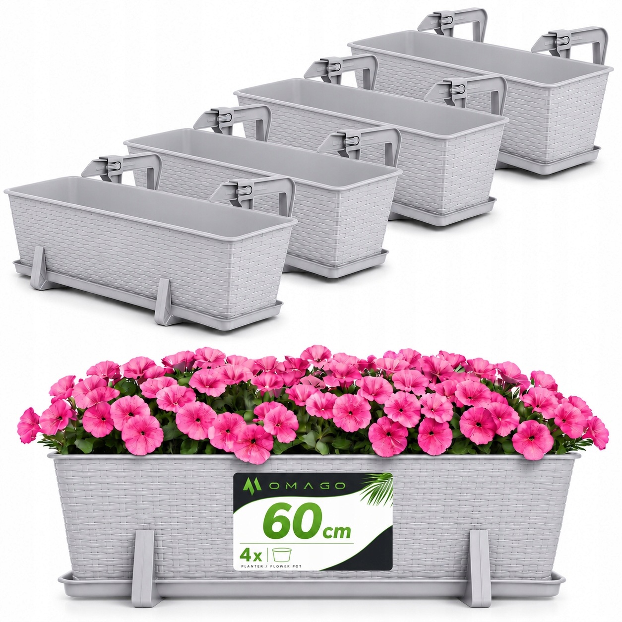 4x Balkonový Truhlík Květináč 60 cm S Úchytkami Šedá Sada