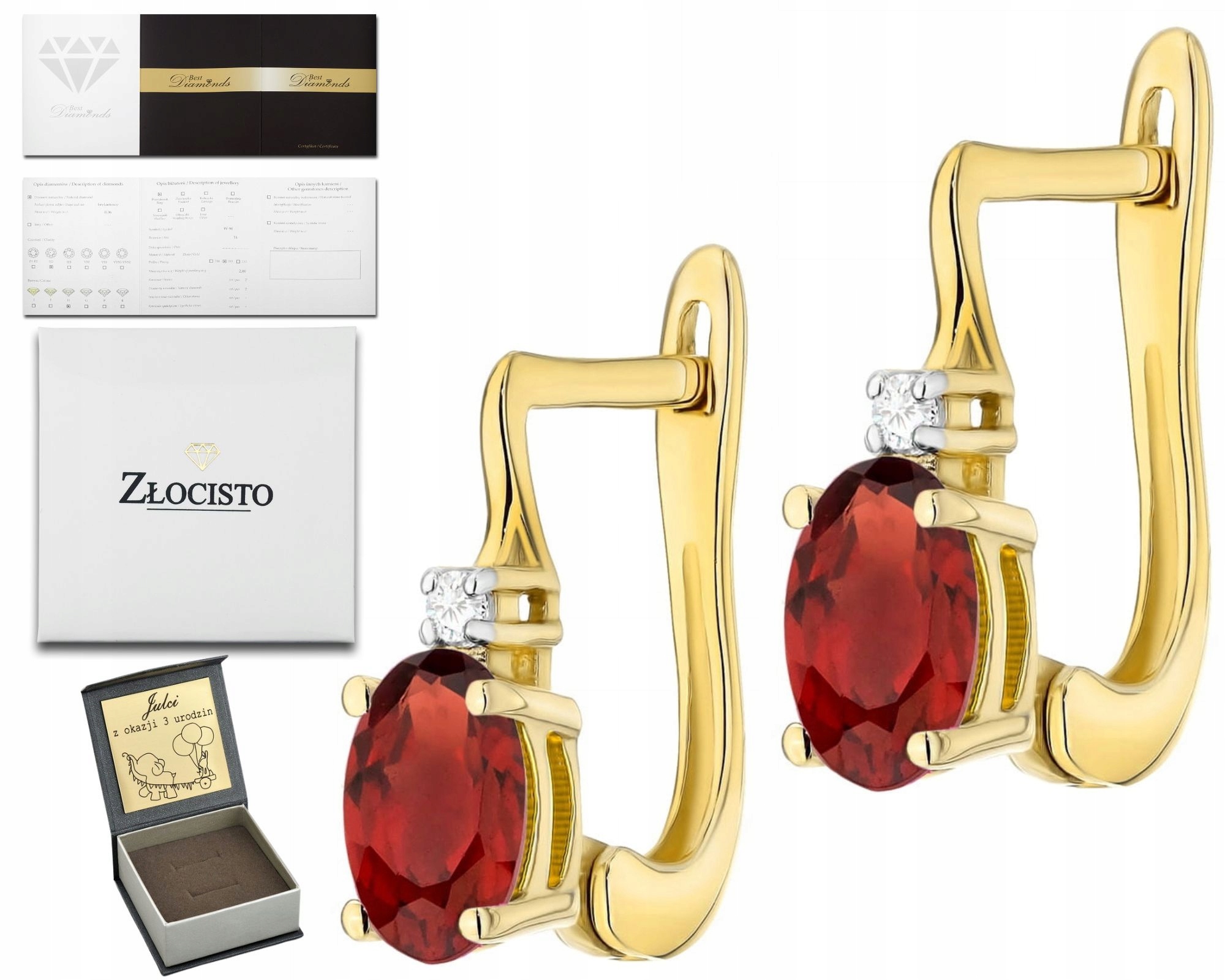 Moderní Zlaté Náušnice S Granátem A Diamantem Ryzost 585 Dárek Gravírování