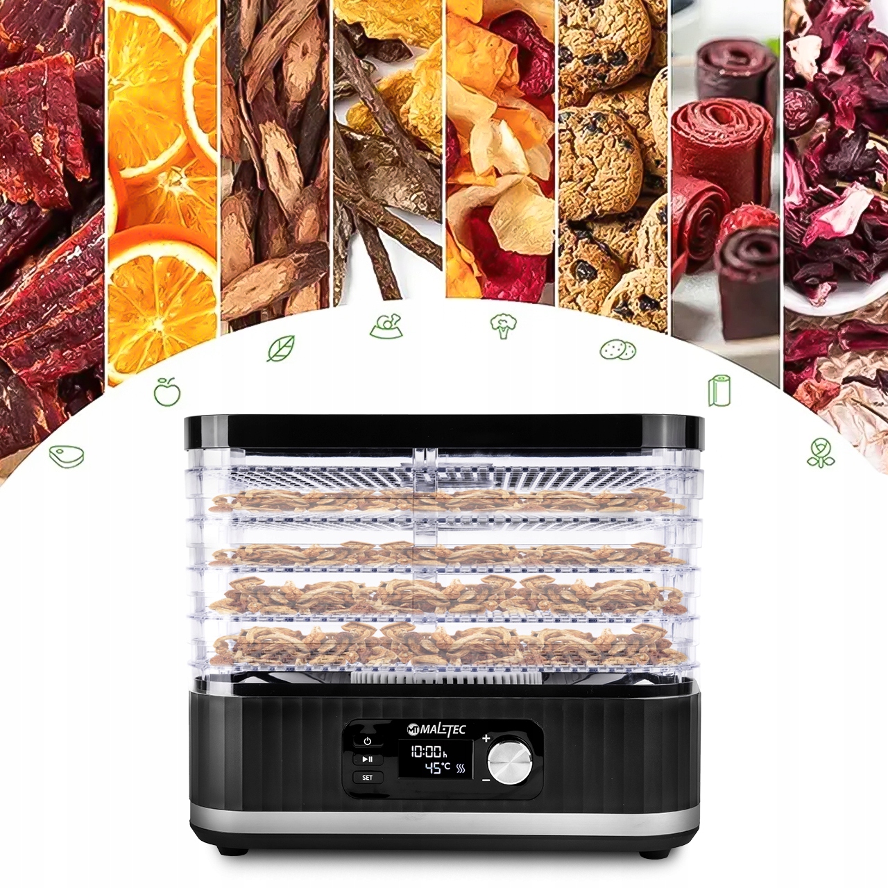 SUSZARKA DO GRZYBÓW OWOCÓW WARZYW SPOŻYWCZA MOCNA 5 SIT REGULACJA 450W Głębokość produktu 25 cm