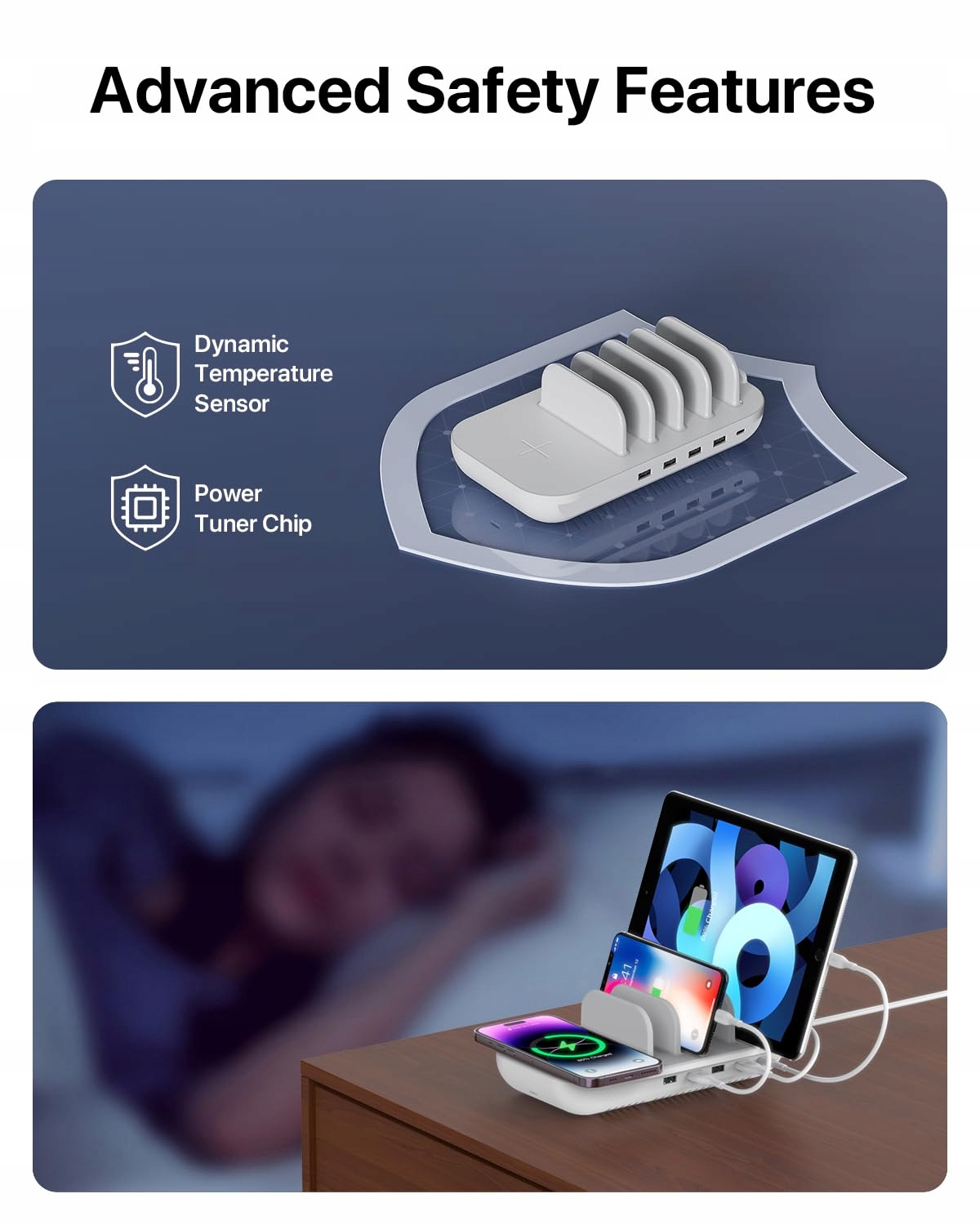 SOOPII Stacja Ładowania 70W 5 Portów Z Ładowarką Bezprzewodową 15W — miniatura 4